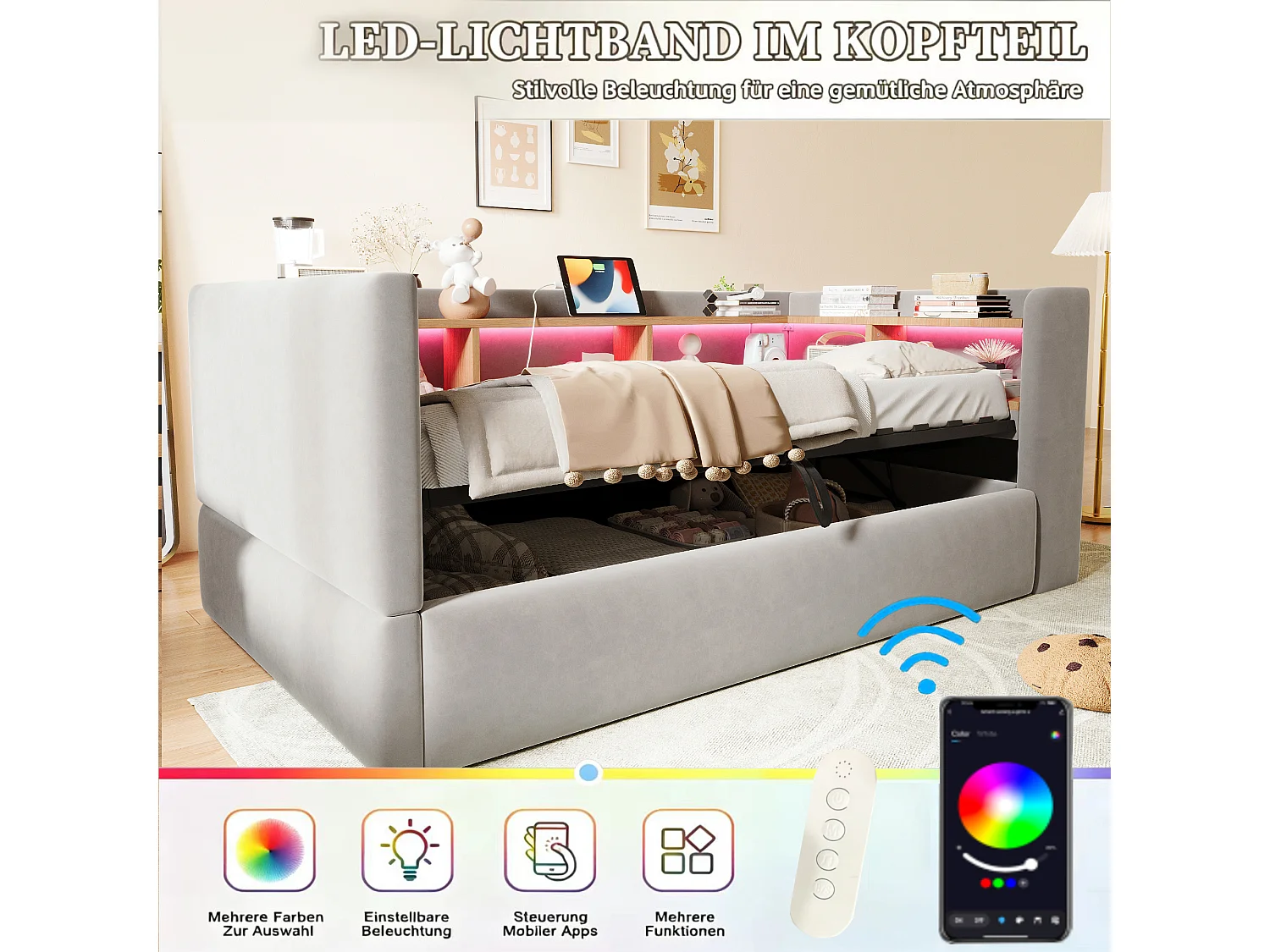 90 x 190 cm storage bed with LED lighting, electrical outlets and compartments - Flannel + metal + MDF - Light grey (Mattress not included)
