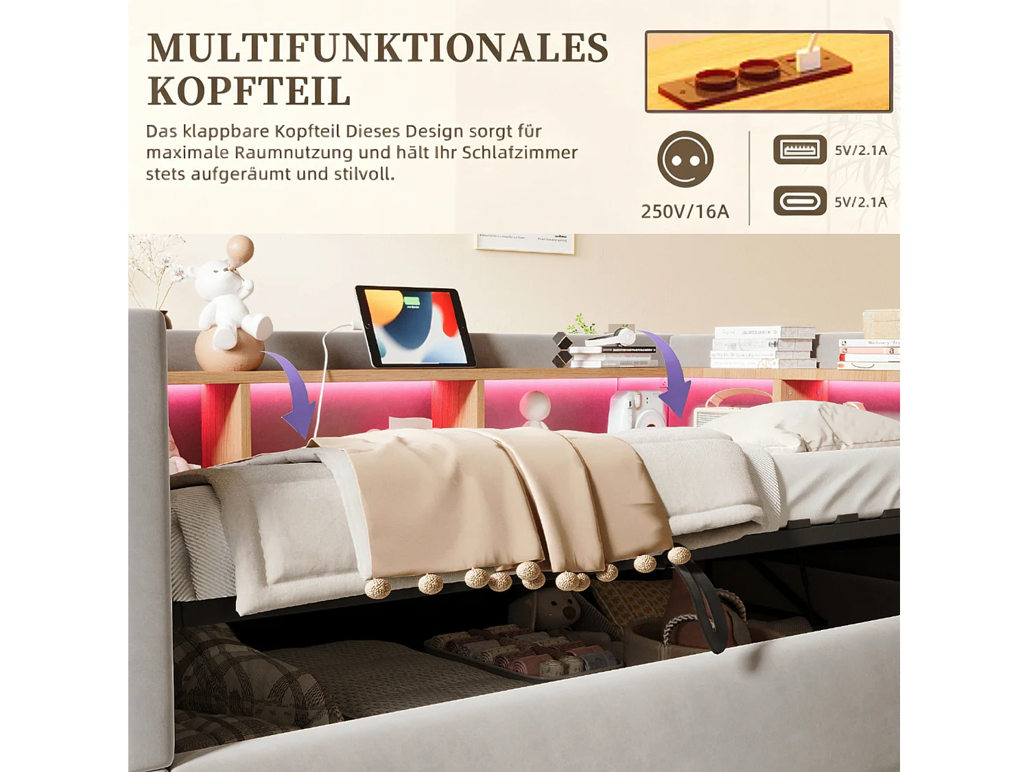 90 x 190 cm storage bed with LED lighting, electrical outlets and compartments - Flannel + metal + MDF - Light grey (Mattress not included)
