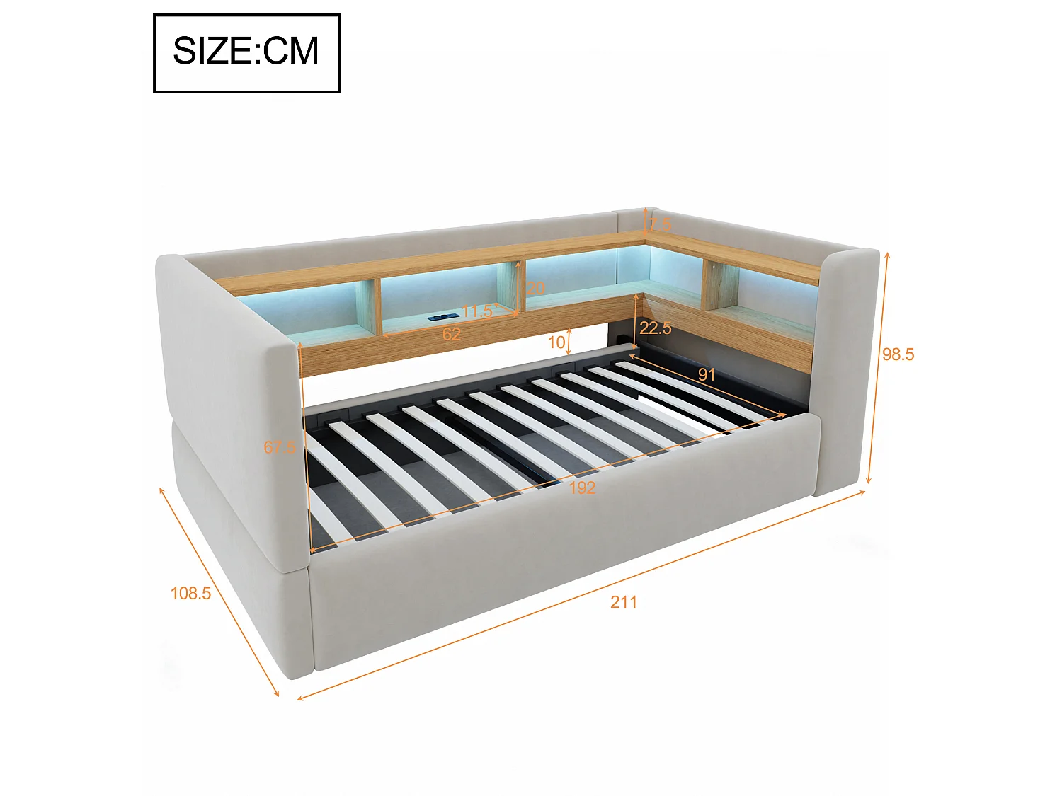 90 x 190 cm storage bed with LED lighting, electrical outlets and compartments - Flannel + metal + MDF - Light grey (Mattress not included)
