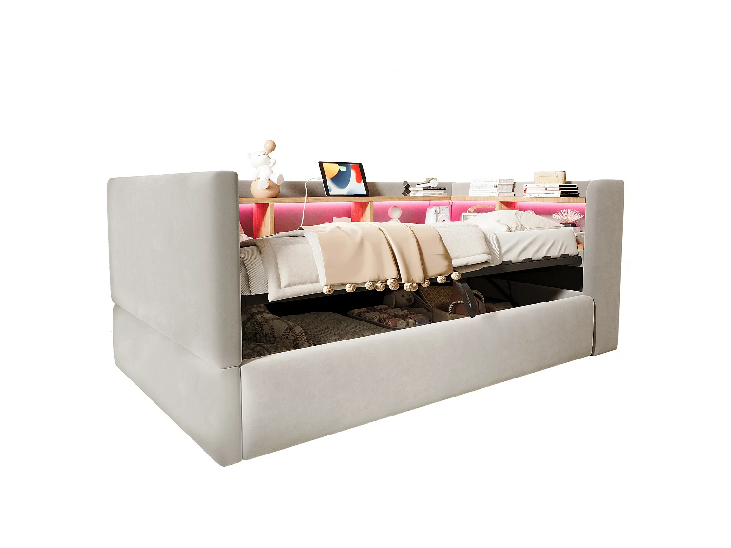 90 x 190 cm storage bed with LED lighting, electrical outlets and compartments - Flannel + metal + MDF - Light grey (Mattress not included)