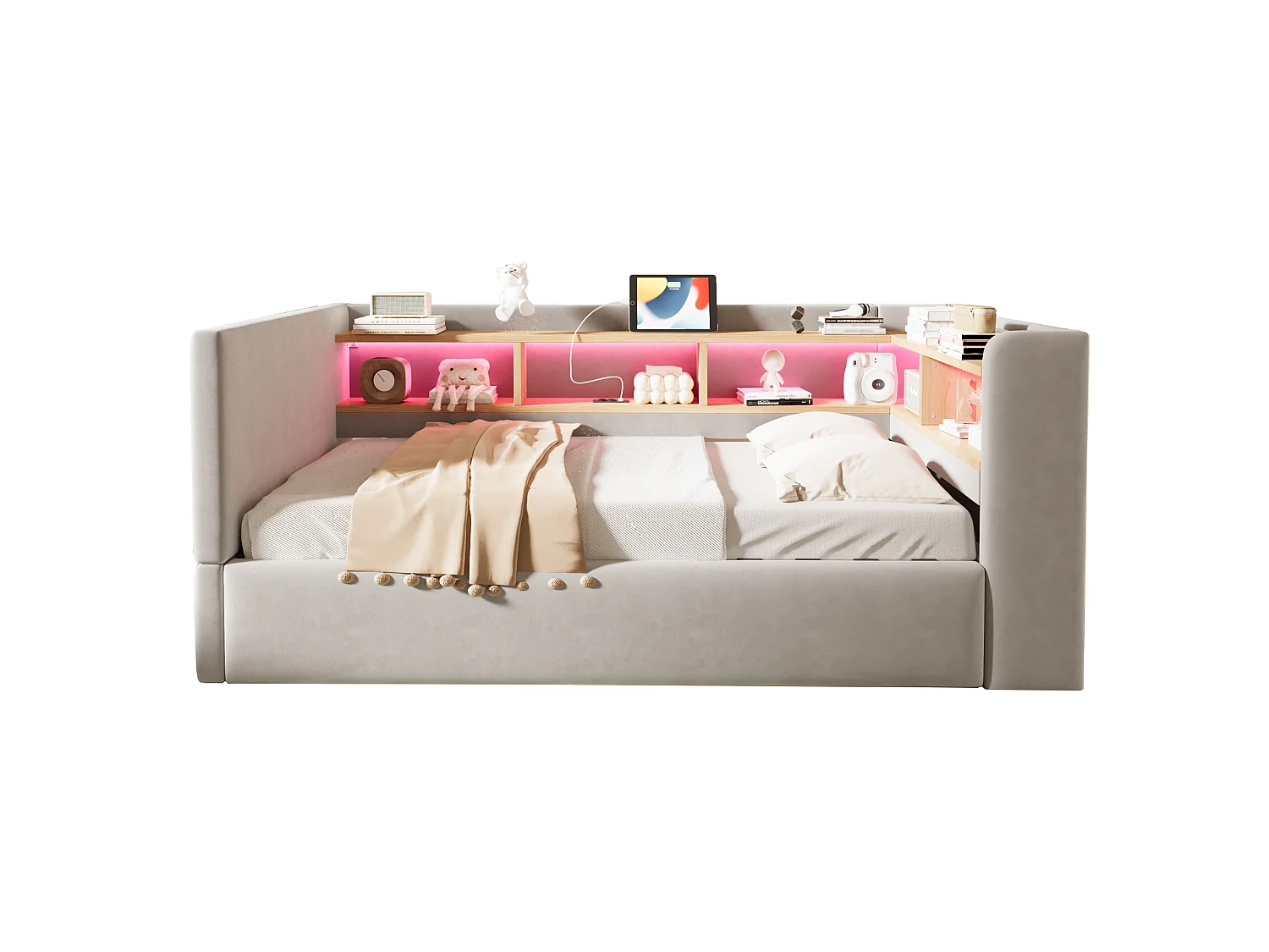 90 x 190 cm storage bed with LED lighting, electrical outlets and compartments - Flannel + metal + MDF - Light grey (Mattress not included)