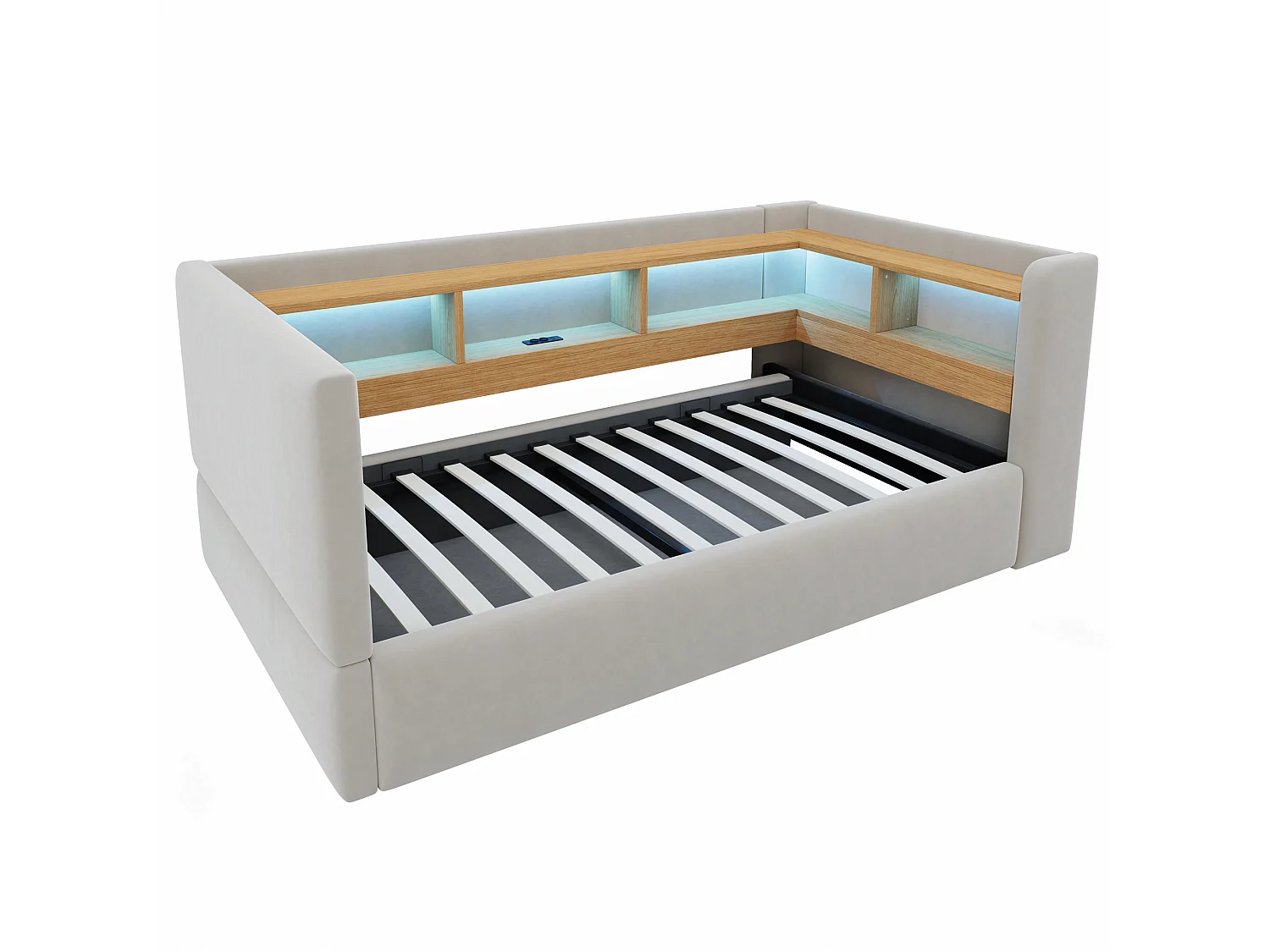 90 x 190 cm storage bed with LED lighting, electrical outlets and compartments - Flannel + metal + MDF - Light grey (Mattress not included)