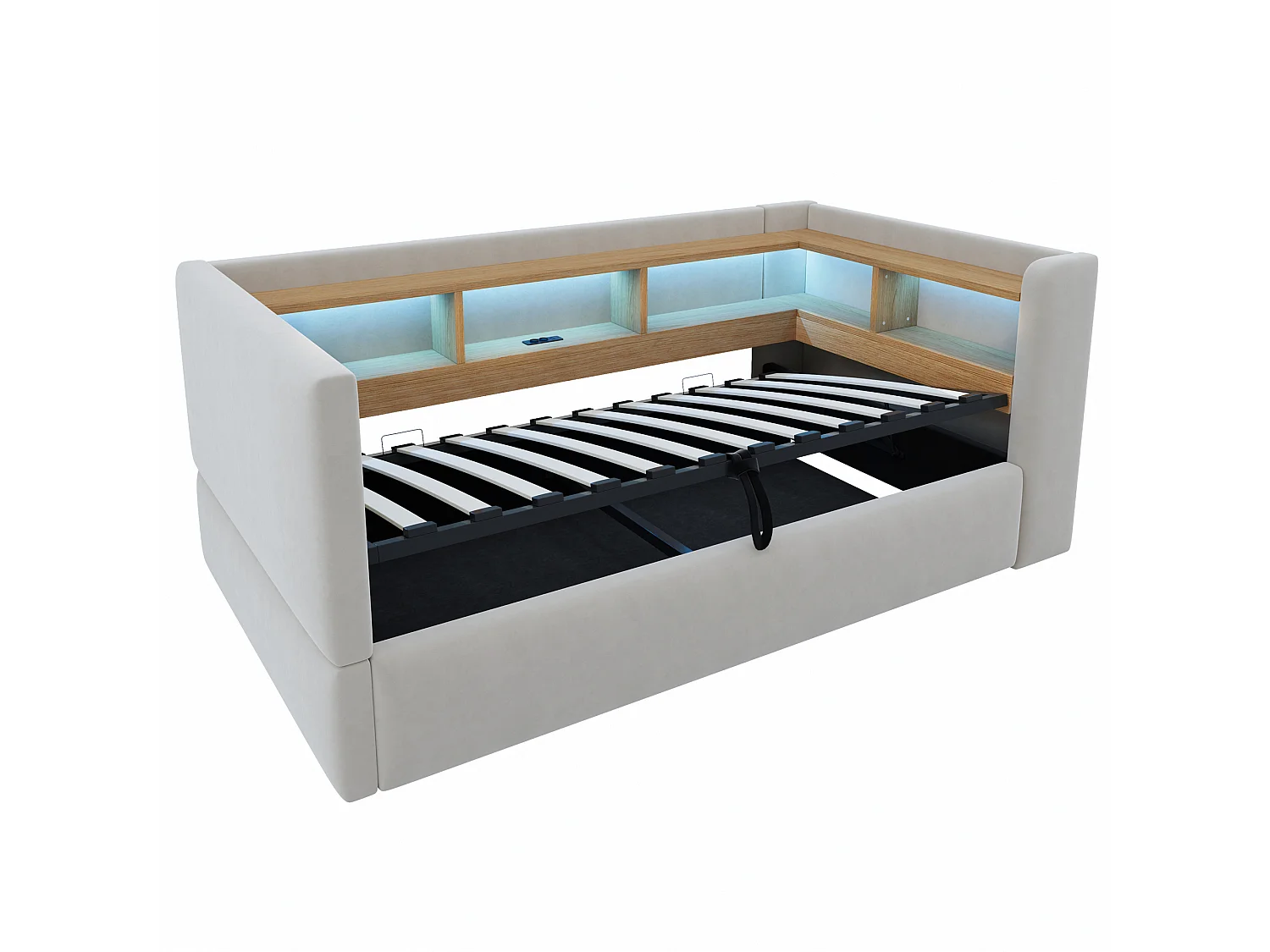 90 x 190 cm storage bed with LED lighting, electrical outlets and compartments - Flannel + metal + MDF - Light grey (Mattress not included)