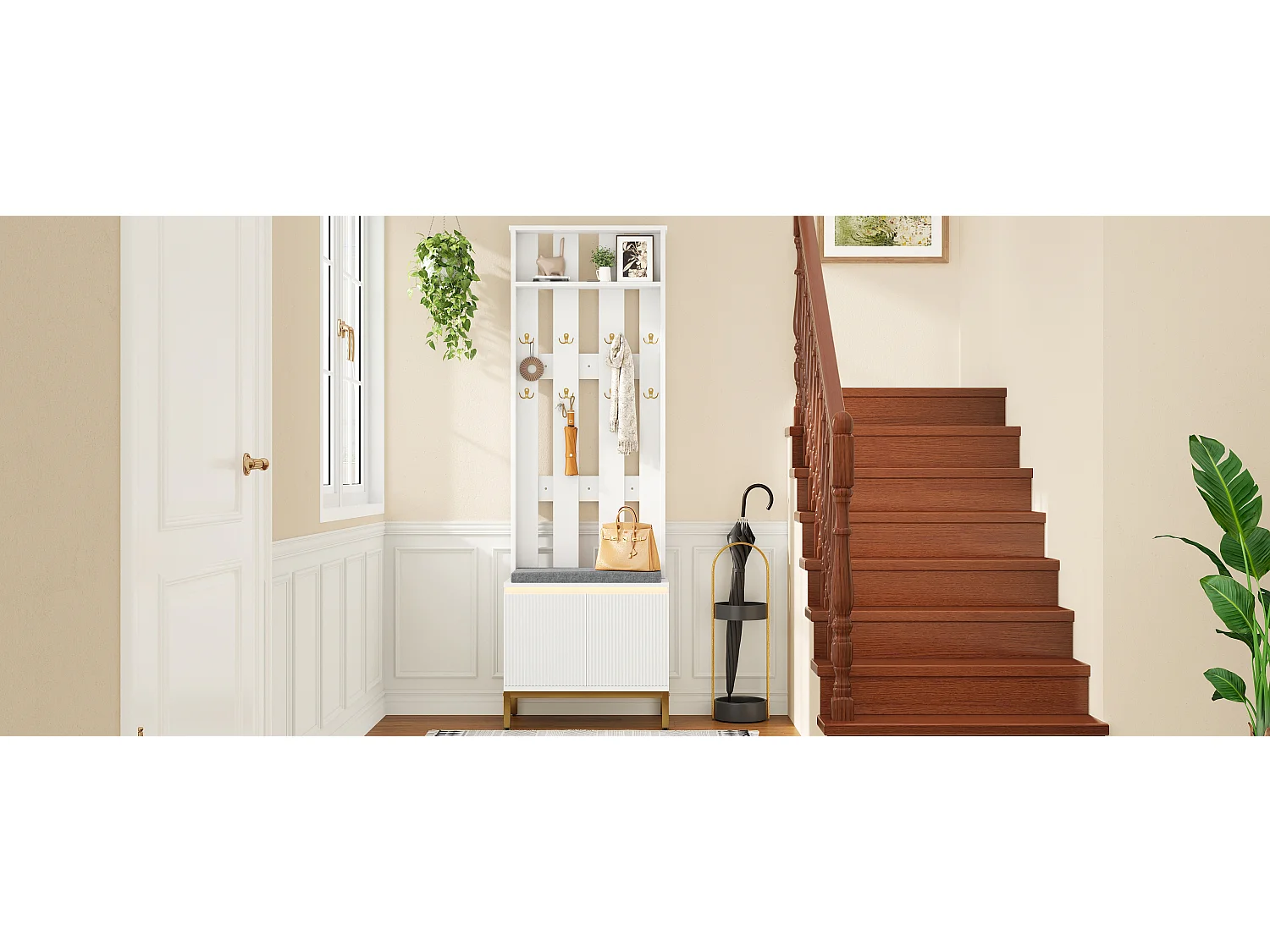 Ensemble vestiaire d'entrée avec banc rembourrée - Éclairage LED et 2 portes - 8 crochets et étagères réglables - Blanc