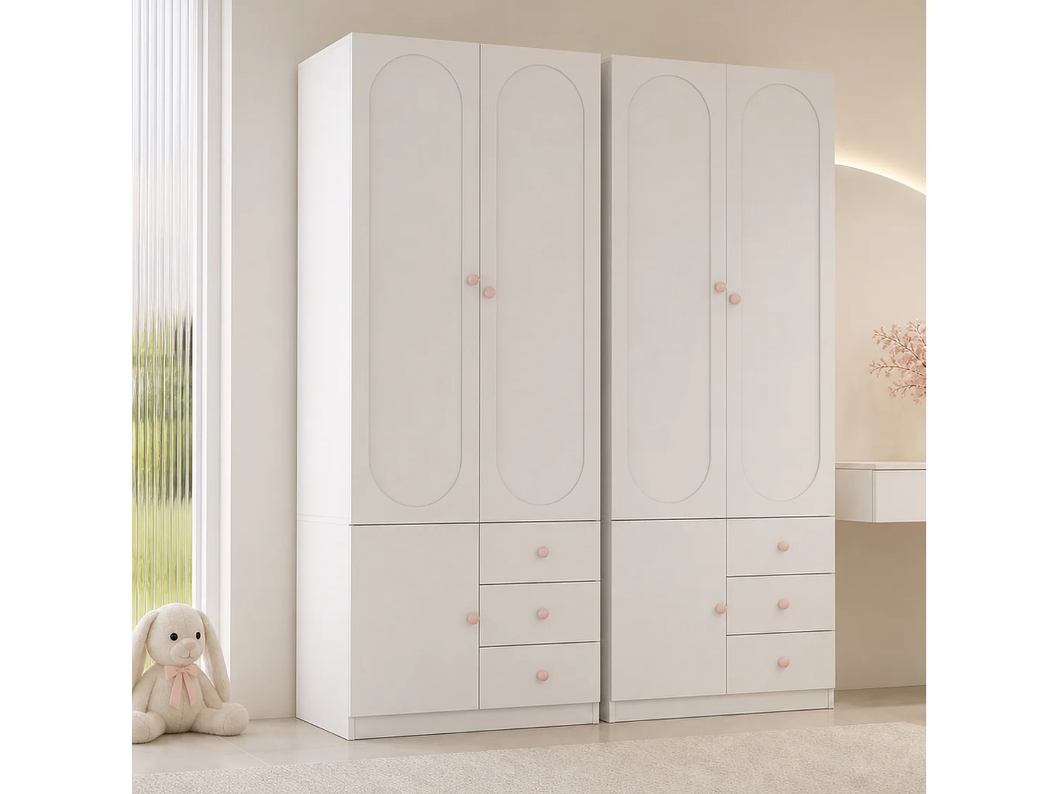 Armoire enfant 160x50x200 cm - Avec penderie - 6 portes et 6 tiroirs - Poignées en céramique rose - Finition laquée - Blanc