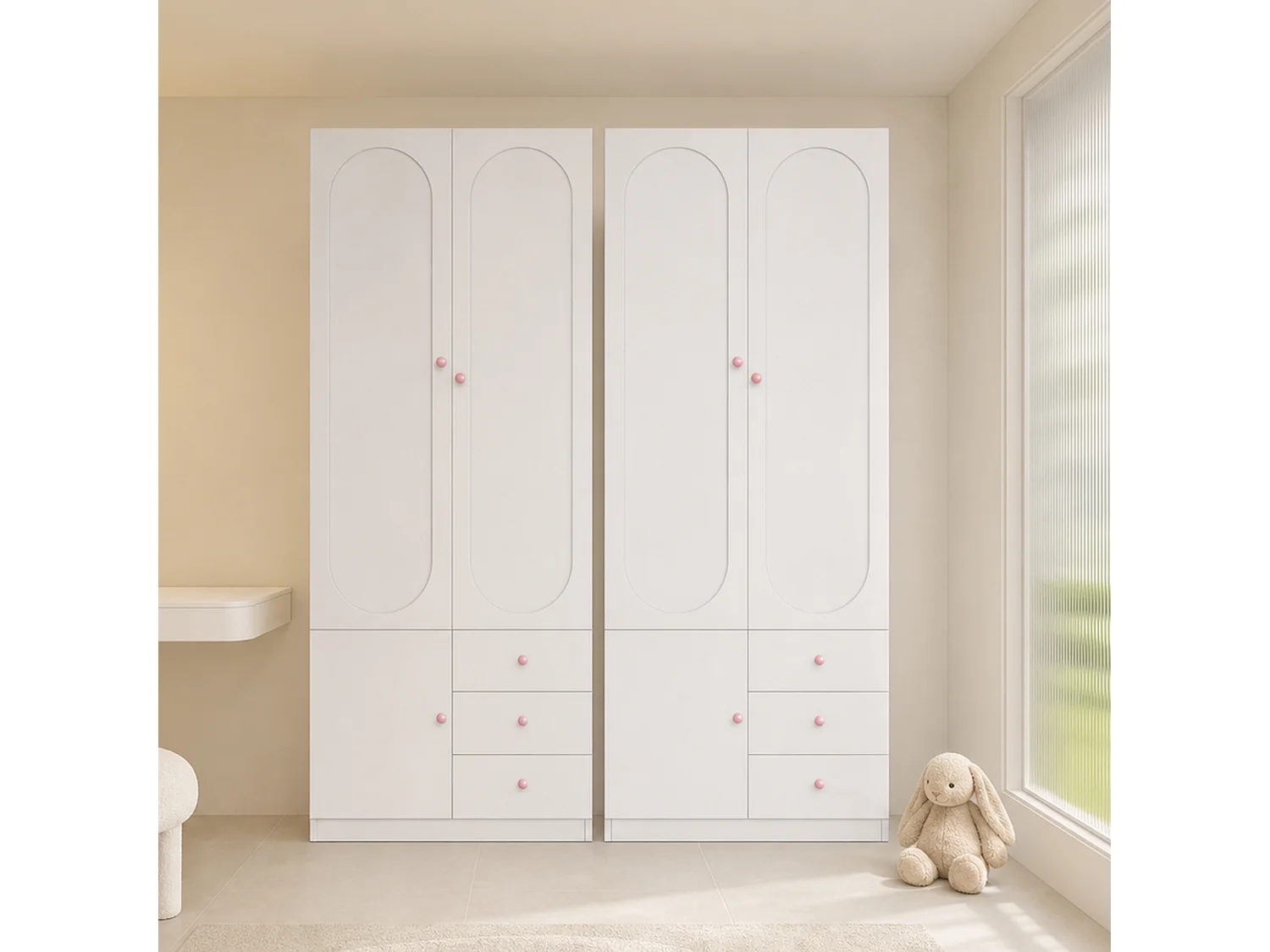 Armoire enfant 160x50x200 cm - Avec penderie - 6 portes et 6 tiroirs - Poignées en céramique rose - Finition laquée - Blanc