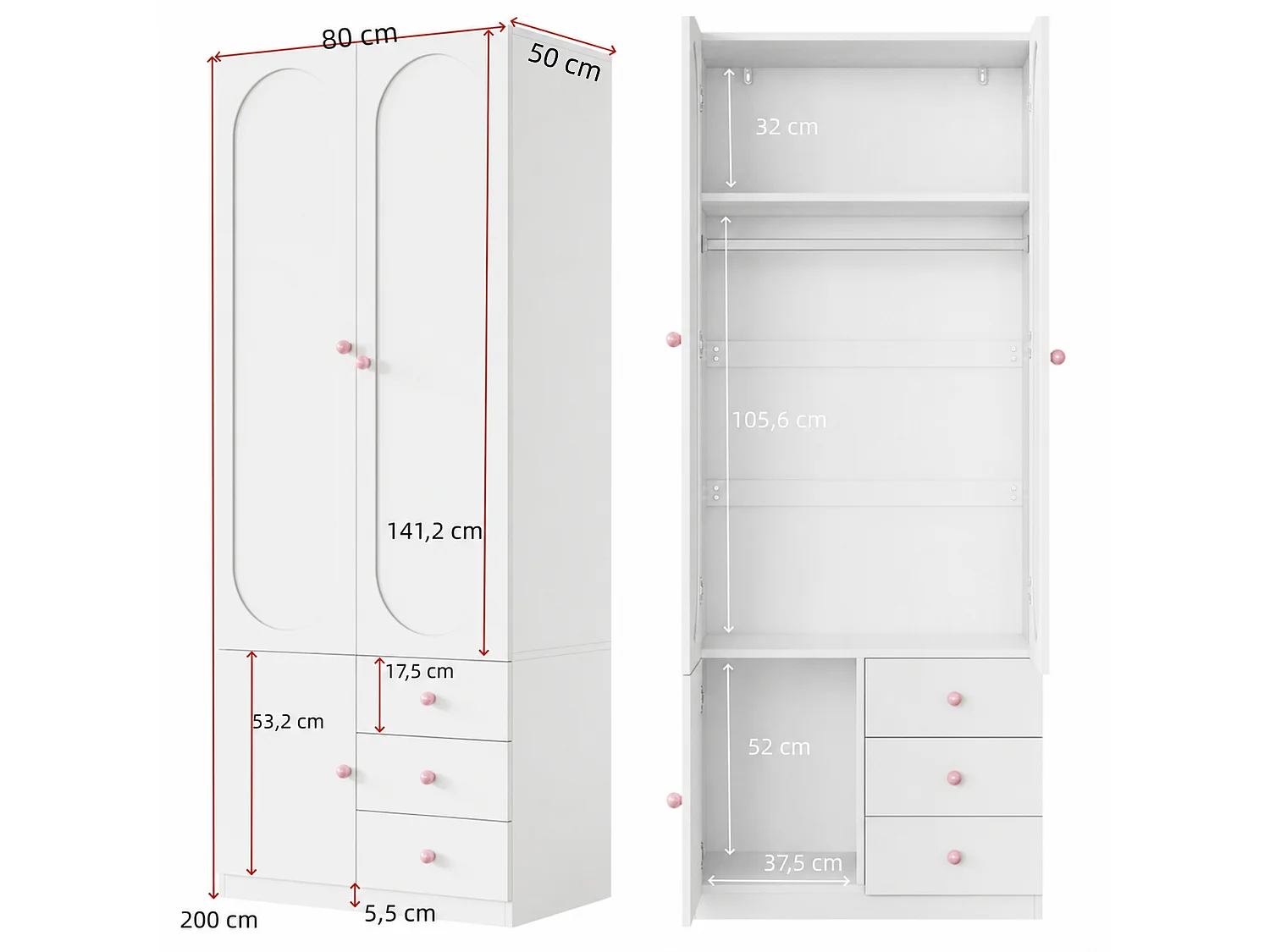 Armoire enfant 160x50x200 cm - Avec penderie - 6 portes et 6 tiroirs - Poignées en céramique rose - Finition laquée - Blanc