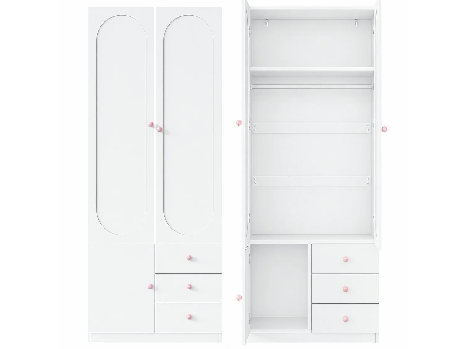Armoire enfant 160x50x200 cm - Avec penderie - 6 portes et 6 tiroirs - Poignées en céramique rose - Finition laquée - Blanc