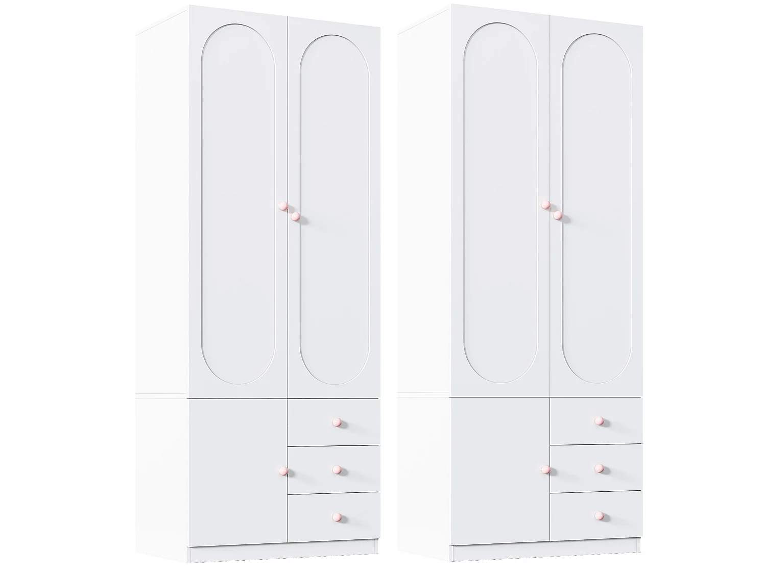 Armoire enfant 160x50x200 cm - Avec penderie - 6 portes et 6 tiroirs - Poignées en céramique rose - Finition laquée - Blanc