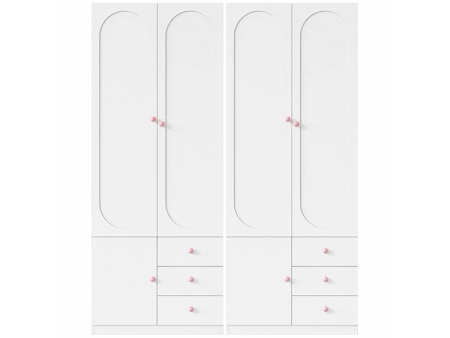 Armoire enfant 160x50x200 cm - Avec penderie - 6 portes et 6 tiroirs - Poignées en céramique rose - Finition laquée - Blanc