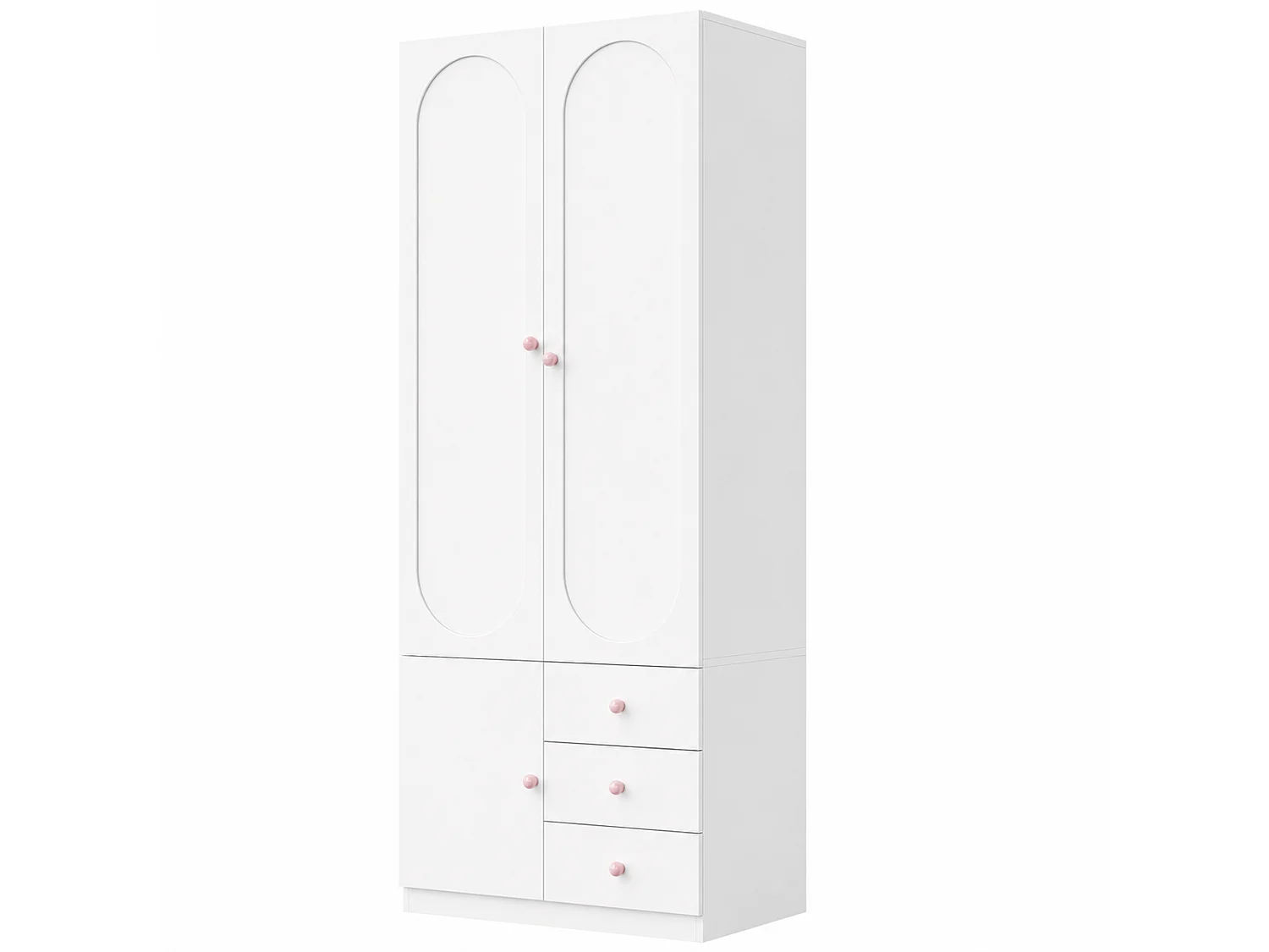 Armoire enfant 160x50x200 cm - Avec penderie - 6 portes et 6 tiroirs - Poignées en céramique rose - Finition laquée - Blanc