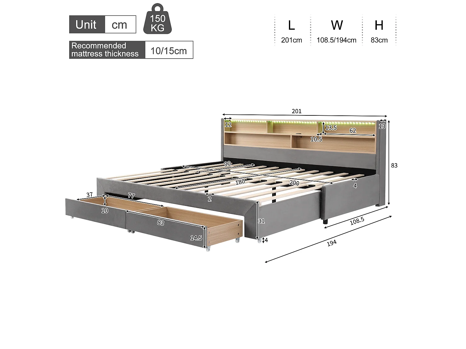 Capitonneret sovesofa 90 x 200 cm - med 2 opbevaringsskuffer - USB-port og LED - Velourstof - Grå (madras ikke inkluderet)