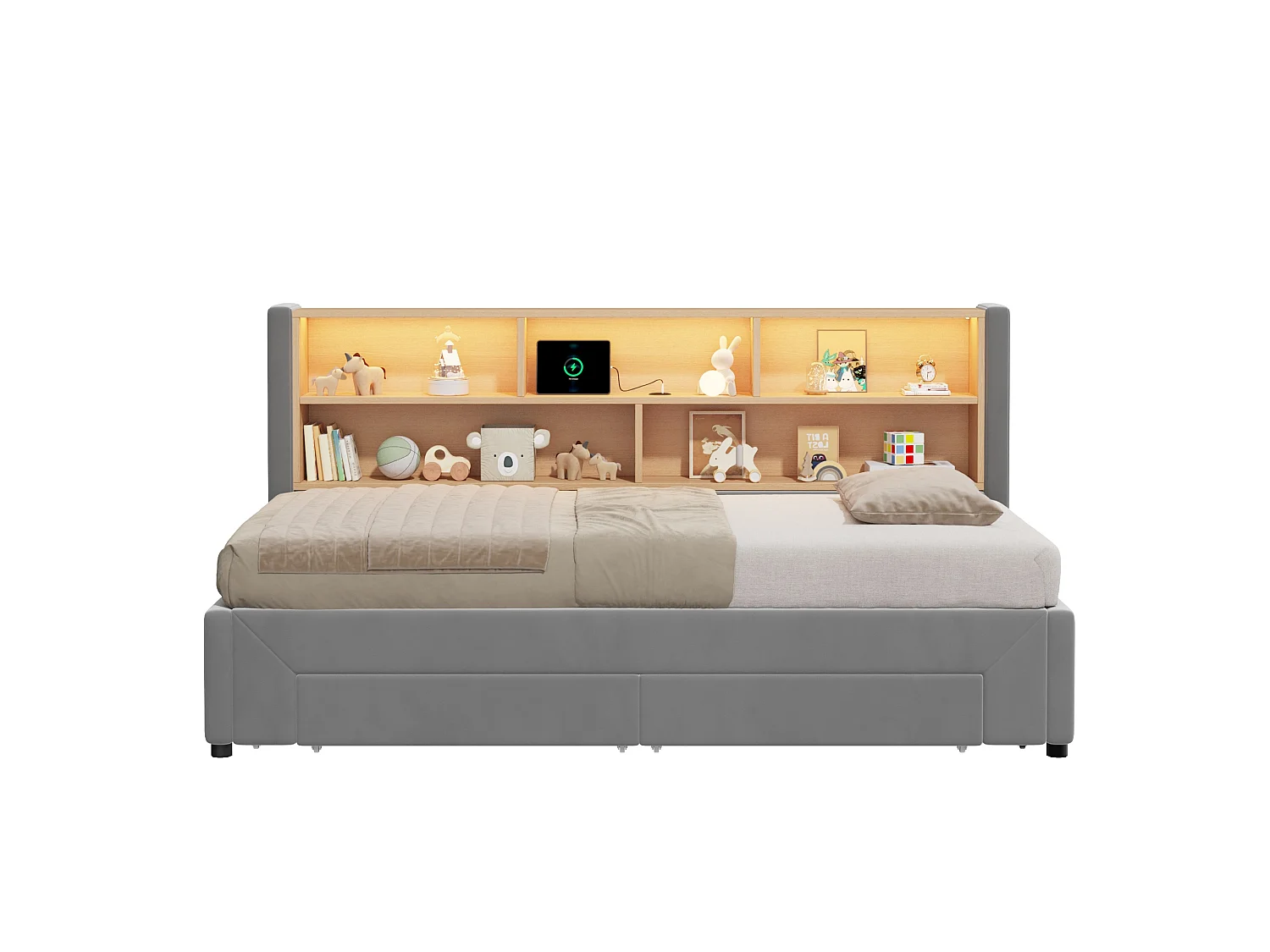 Capitonneret sovesofa 90 x 200 cm - med 2 opbevaringsskuffer - USB-port og LED - Velourstof - Grå (madras ikke inkluderet)
