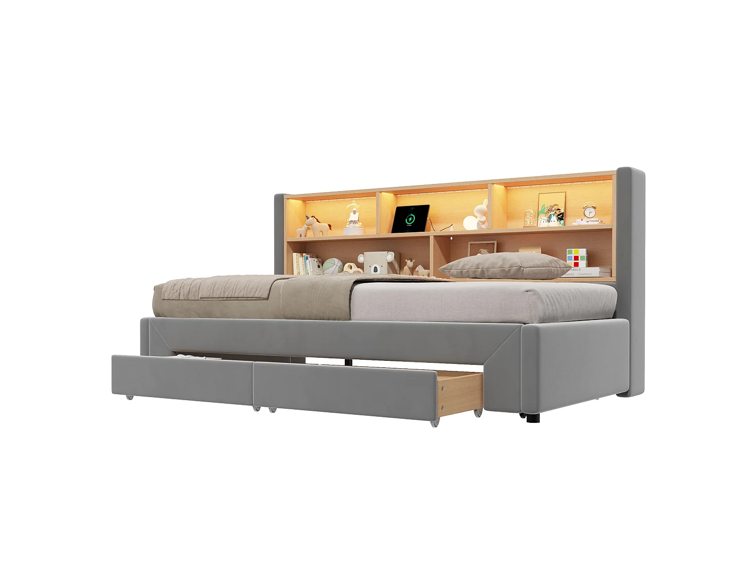 Capitonneret sovesofa 90 x 200 cm - med 2 opbevaringsskuffer - USB-port og LED - Velourstof - Grå (madras ikke inkluderet)