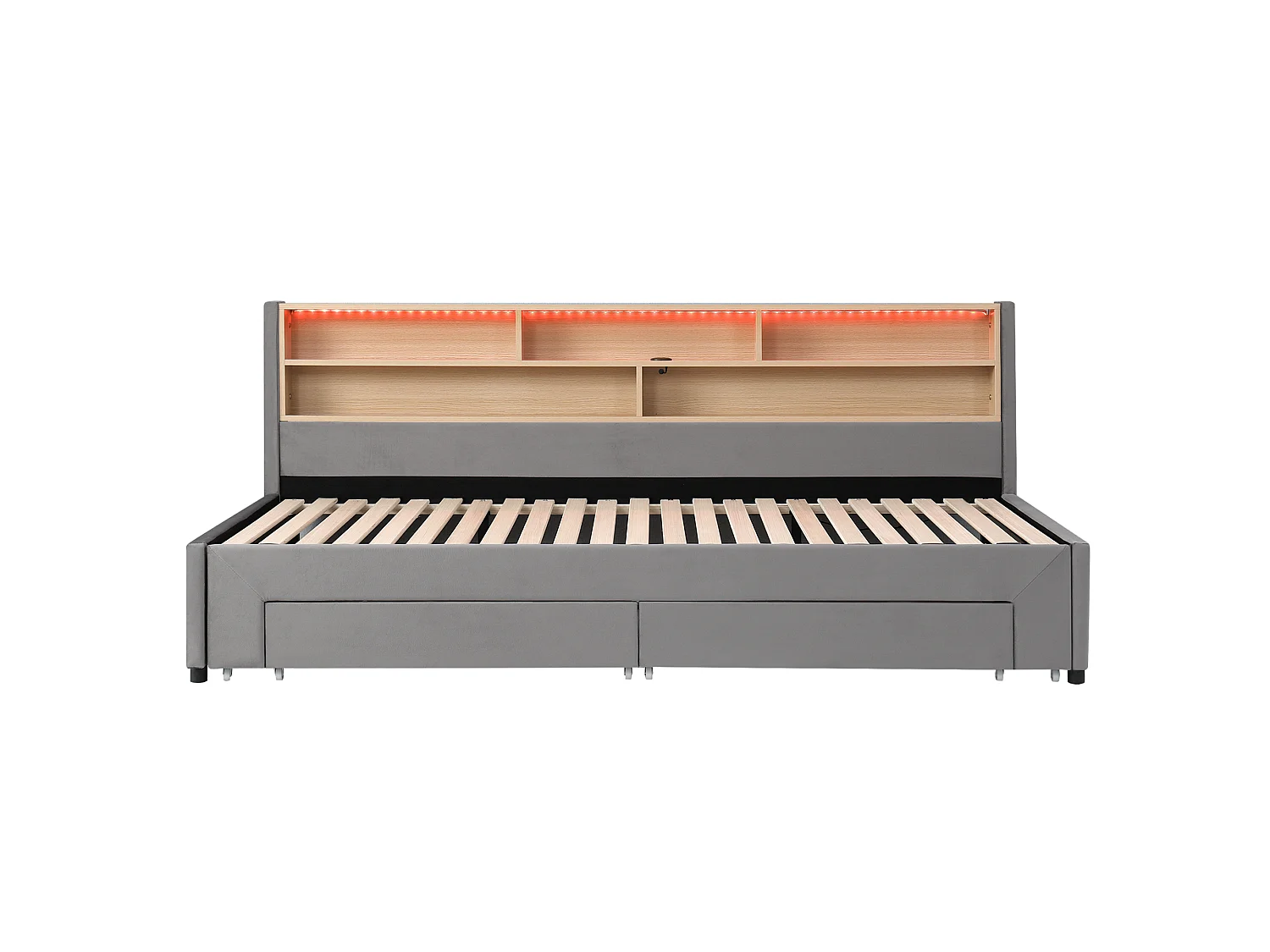 Capitonneret sovesofa 90 x 200 cm - med 2 opbevaringsskuffer - USB-port og LED - Velourstof - Grå (madras ikke inkluderet)