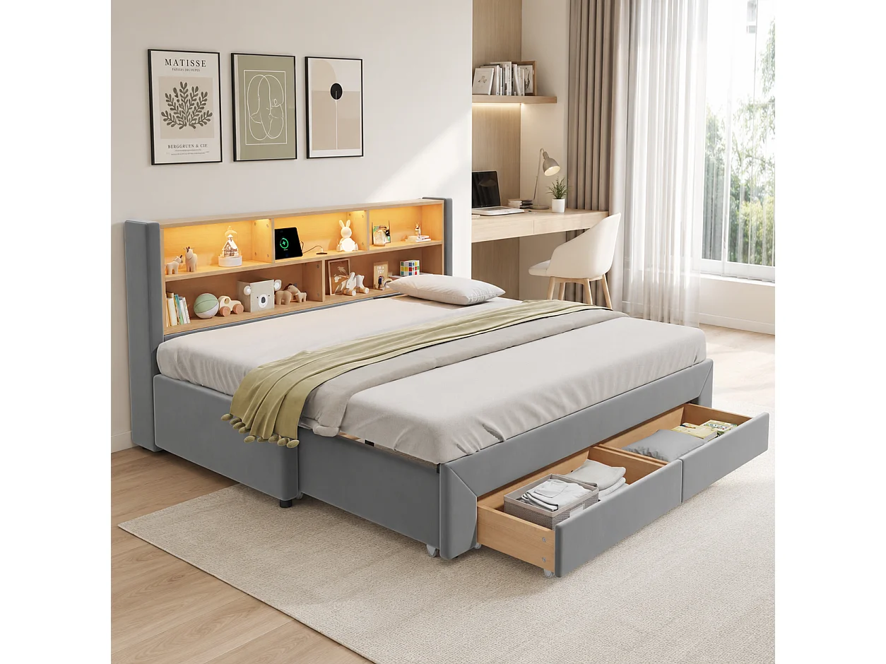 Capitonneret sovesofa 90 x 200 cm - med 2 opbevaringsskuffer - USB-port og LED - Velourstof - Grå (madras ikke inkluderet)
