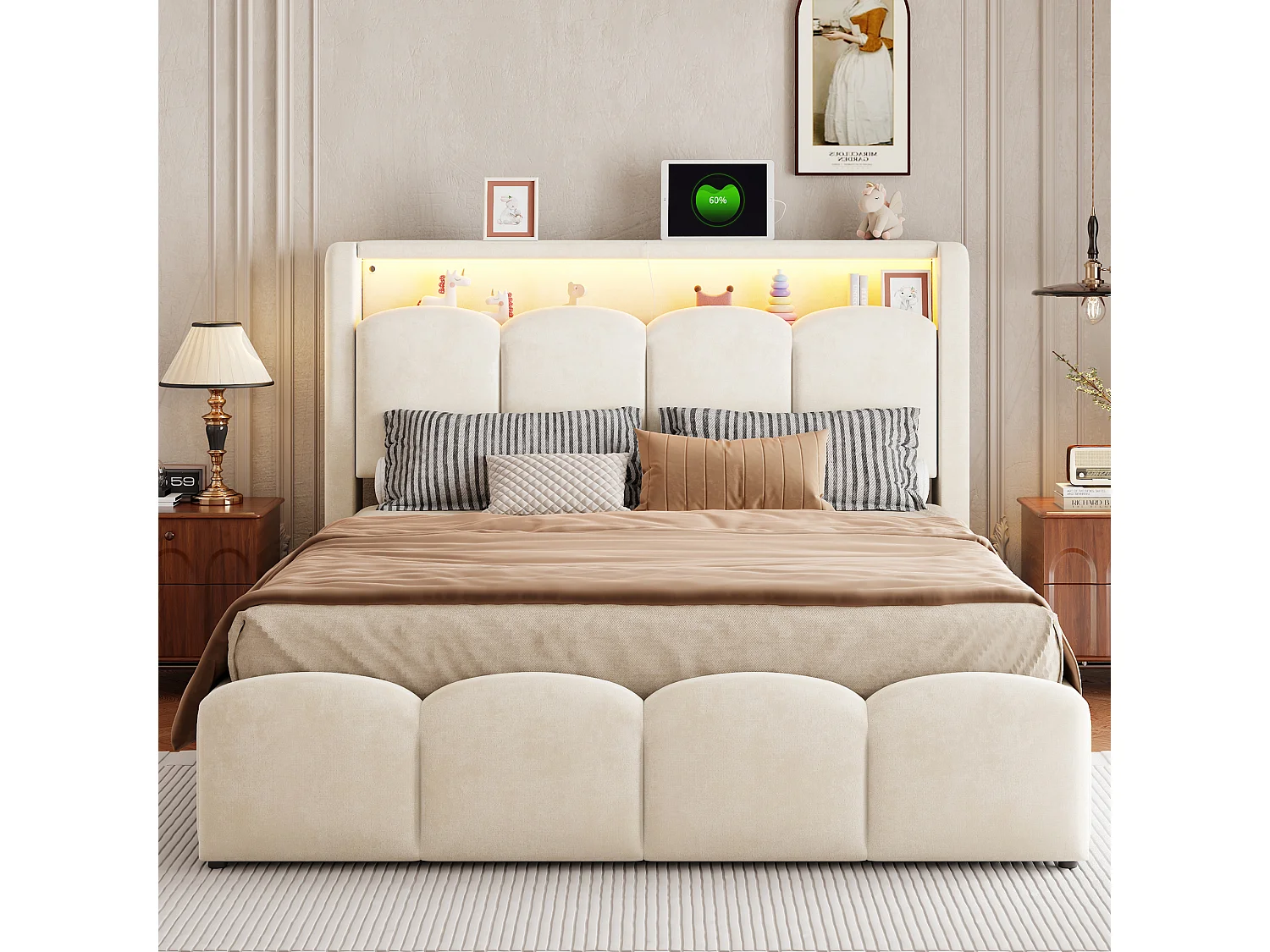 Lit coffre capitonné 140x200 - avec ports USB + Type-C - avec éclairage LED - Beige (matelas non inclus)