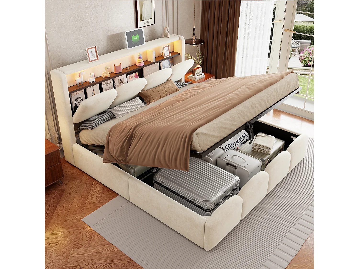 Lit coffre capitonné 140x200 - avec ports USB + Type-C - avec éclairage LED - Beige (matelas non inclus)