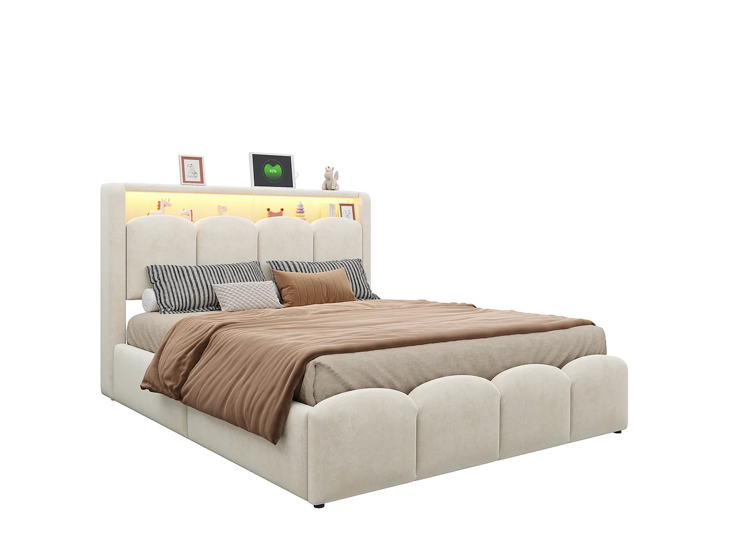 Lit coffre capitonné 140x200 - avec ports USB + Type-C - avec éclairage LED - Beige (matelas non inclus)