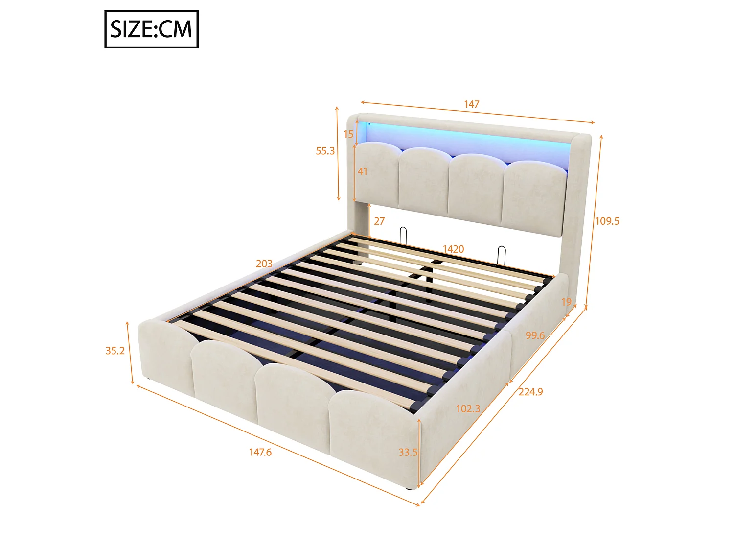 Lit coffre capitonné 140x200 - avec ports USB + Type-C - avec éclairage LED - Beige (matelas non inclus)