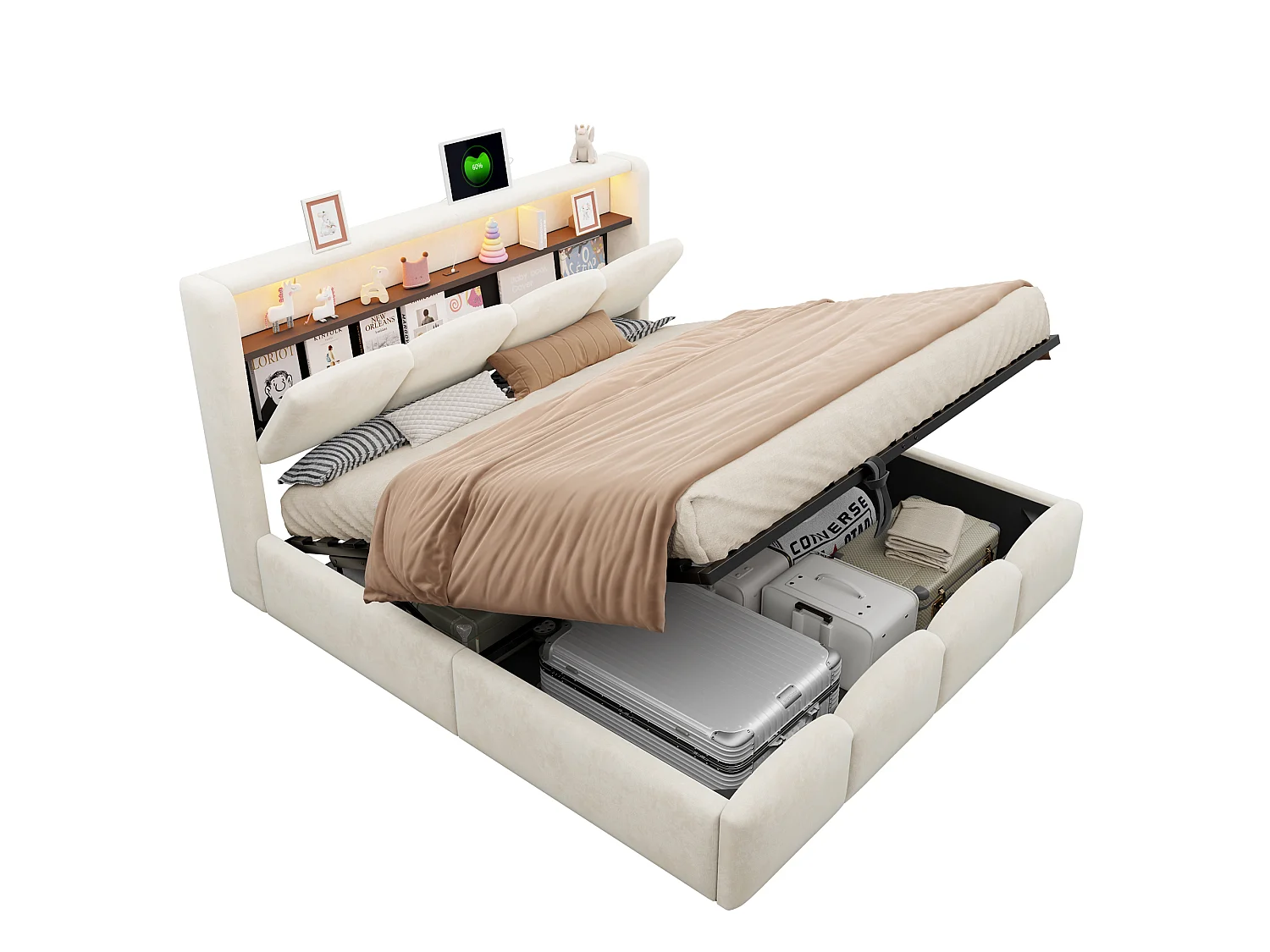 Lit coffre capitonné 140x200 - avec ports USB + Type-C - avec éclairage LED - Beige (matelas non inclus)