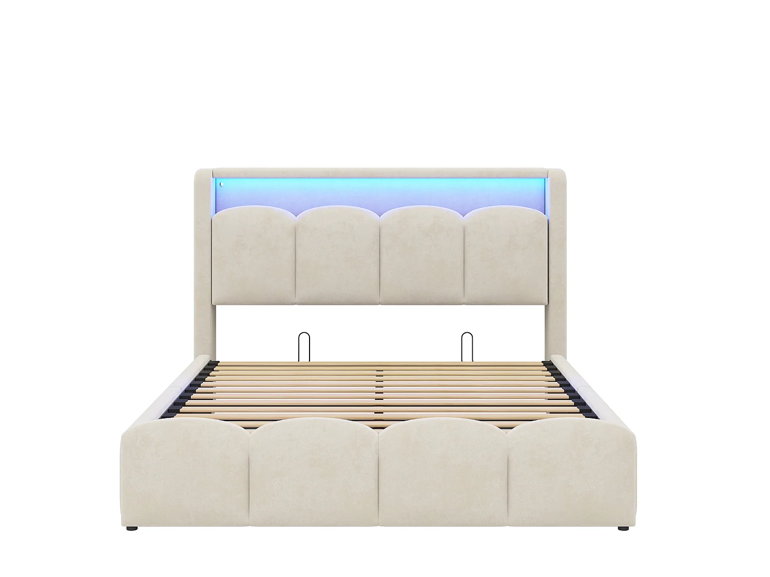 Lit coffre capitonné 140x200 - avec ports USB + Type-C - avec éclairage LED - Beige (matelas non inclus)