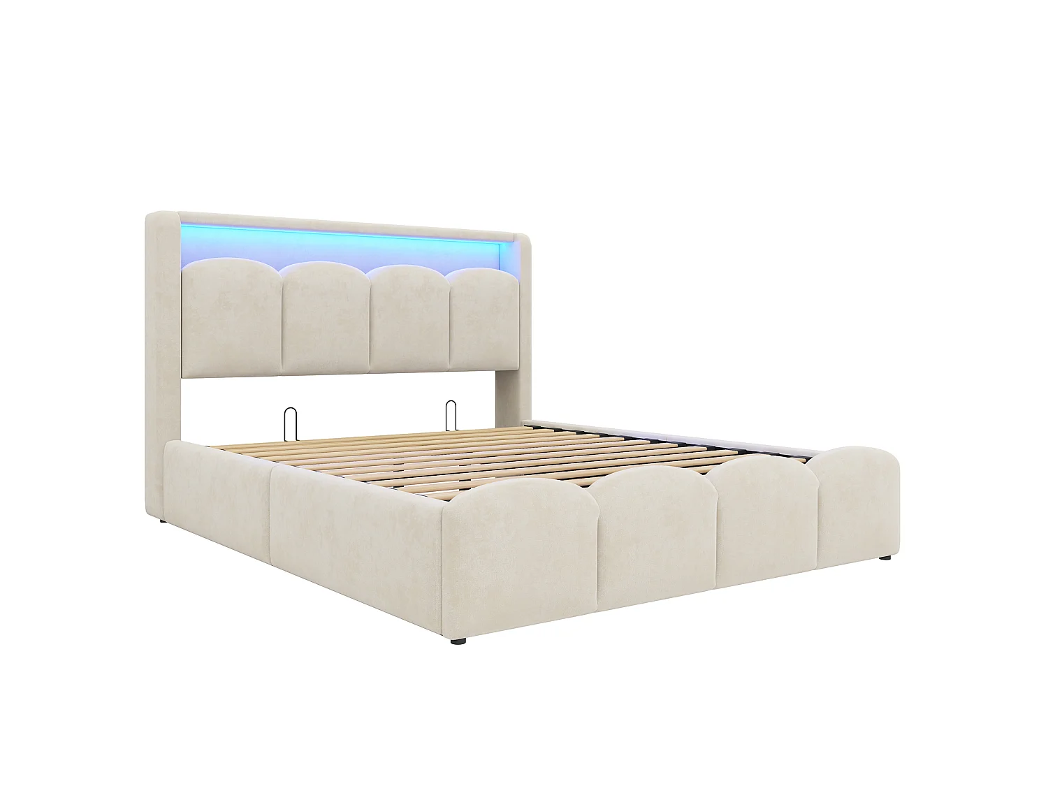 Lit coffre capitonné 140x200 - avec ports USB + Type-C - avec éclairage LED - Beige (matelas non inclus)