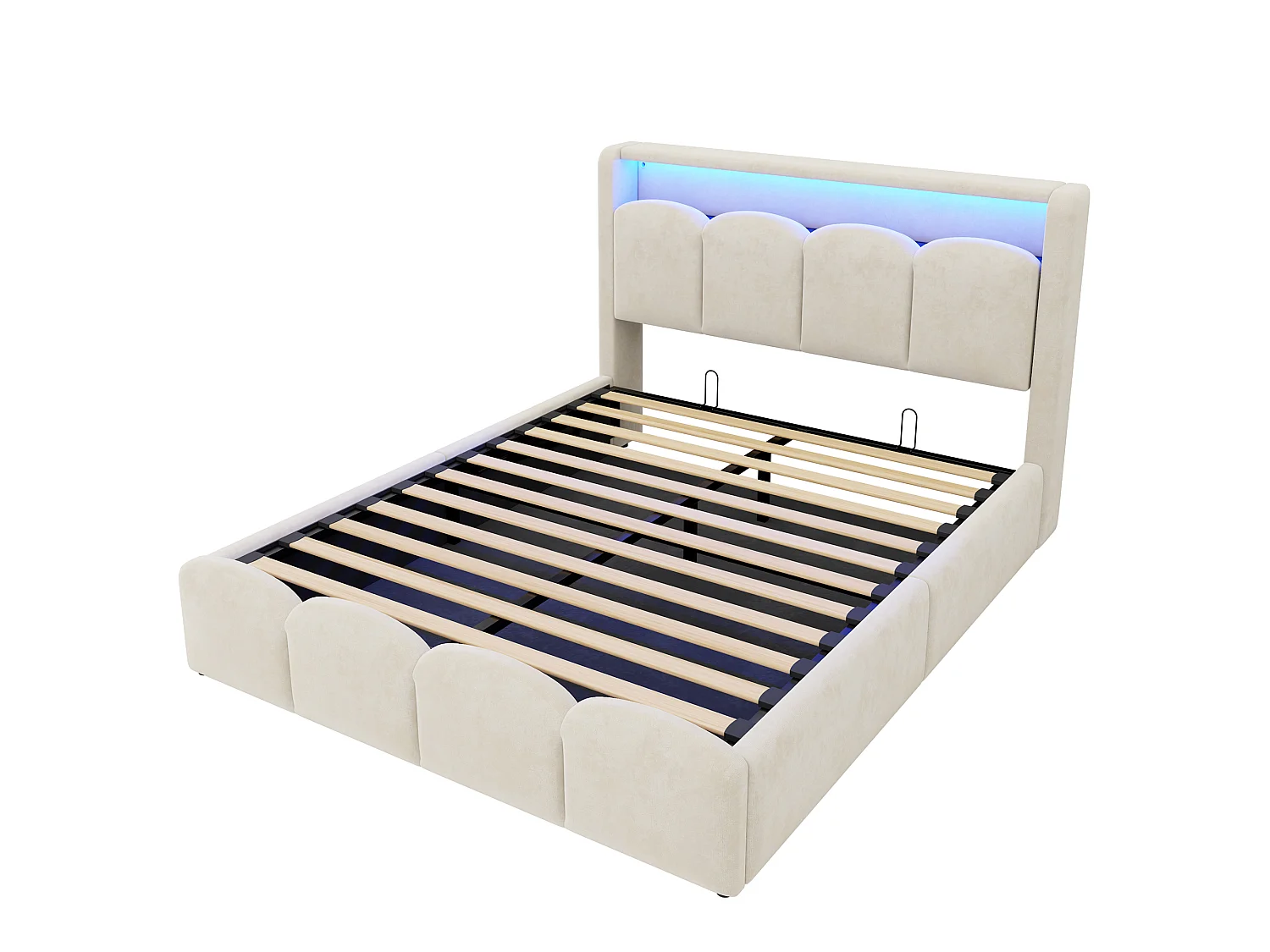 Lit coffre capitonné 140x200 - avec ports USB + Type-C - avec éclairage LED - Beige (matelas non inclus)