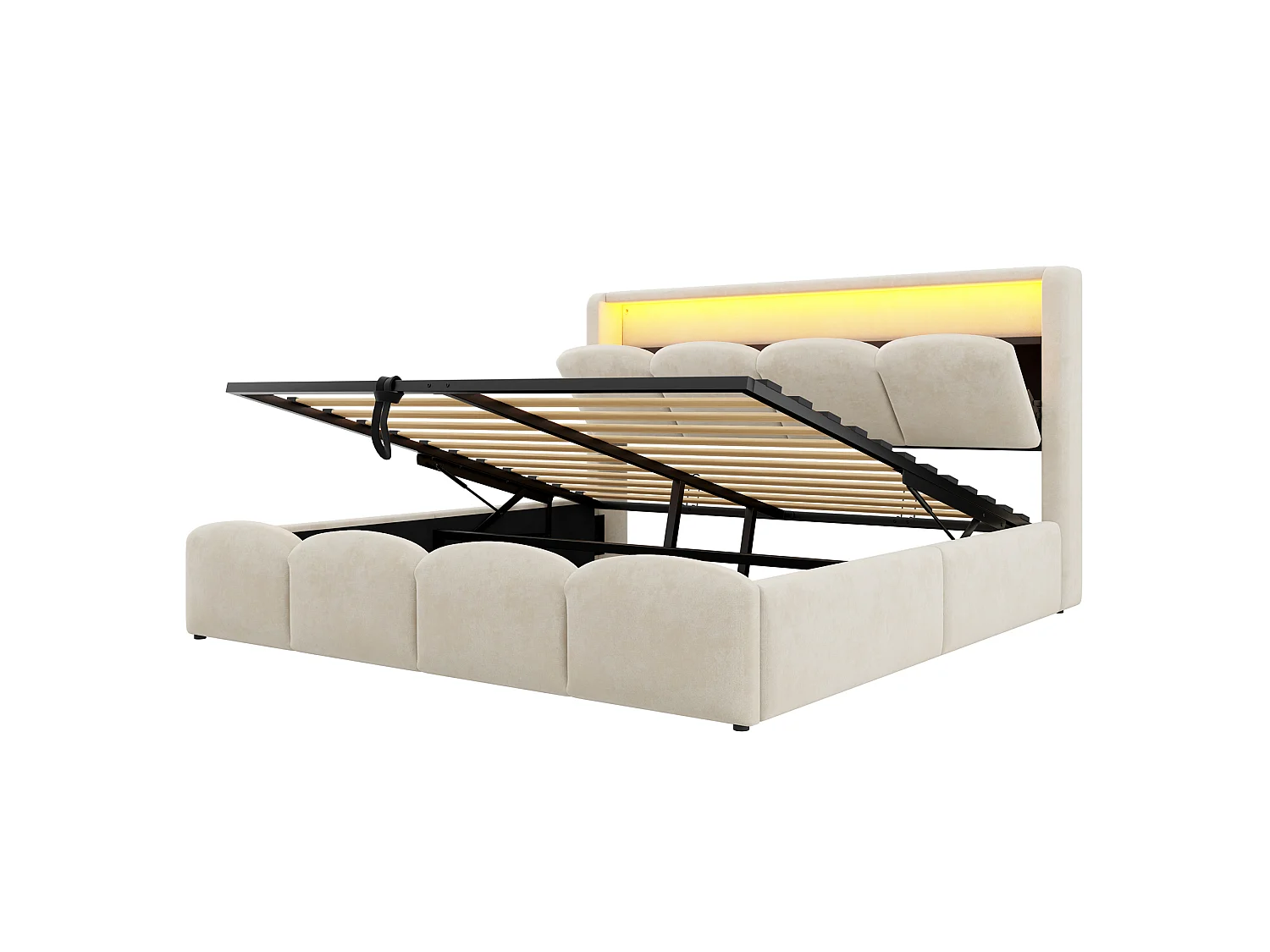 Lit coffre capitonné 140x200 - avec ports USB + Type-C - avec éclairage LED - Beige (matelas non inclus)