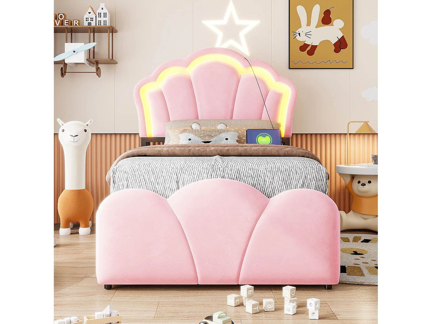 Lit coffre capitonné 90 x 200 cm - avec lumière LED - avec prise électrique intégrée - rose (matelas non inclus)
