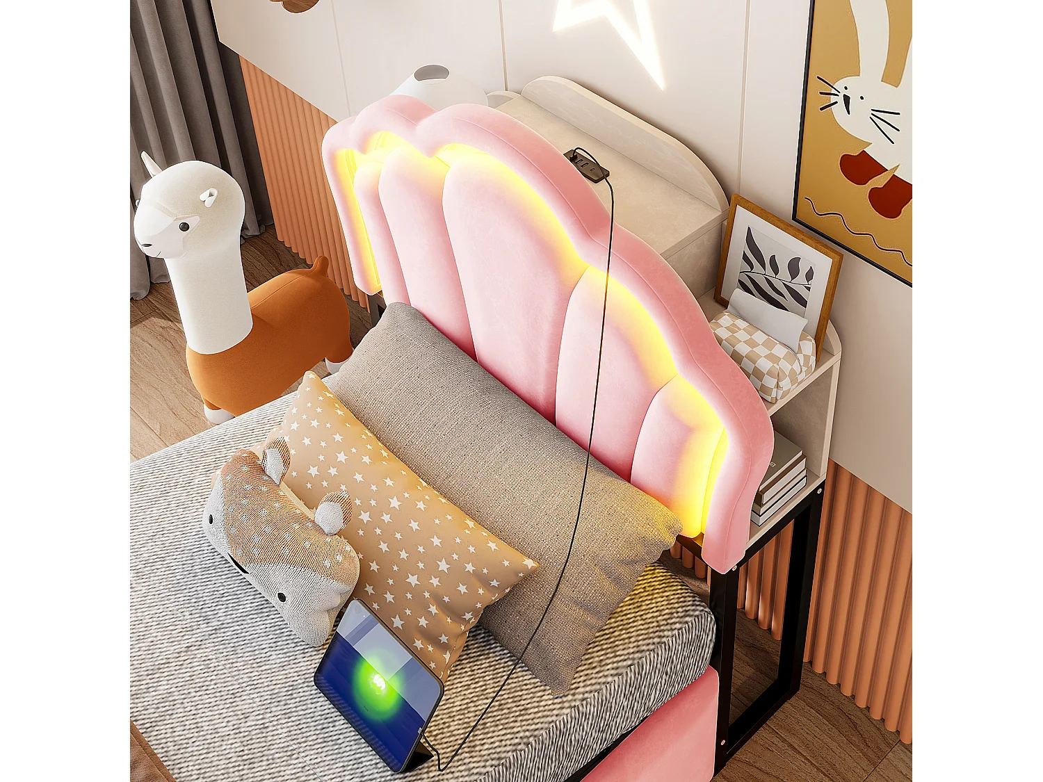 Lit coffre capitonné 90 x 200 cm - avec lumière LED - avec prise électrique intégrée - rose (matelas non inclus)
