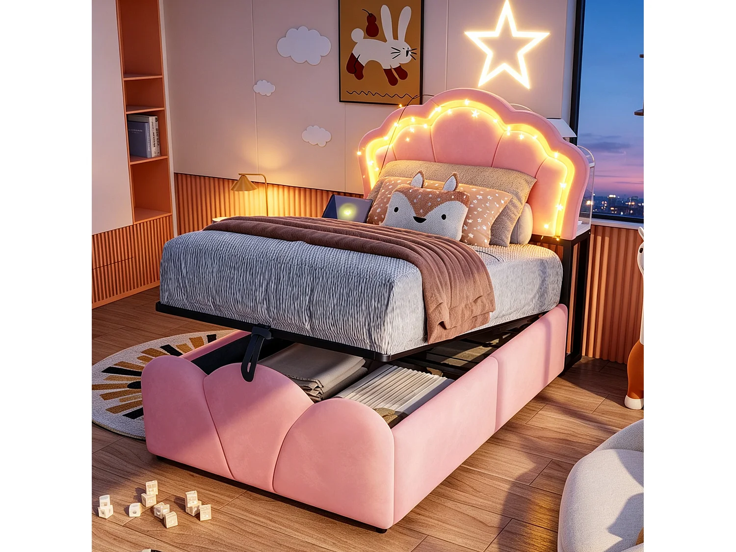 Lit coffre capitonné 90 x 200 cm - avec lumière LED - avec prise électrique intégrée - rose (matelas non inclus)