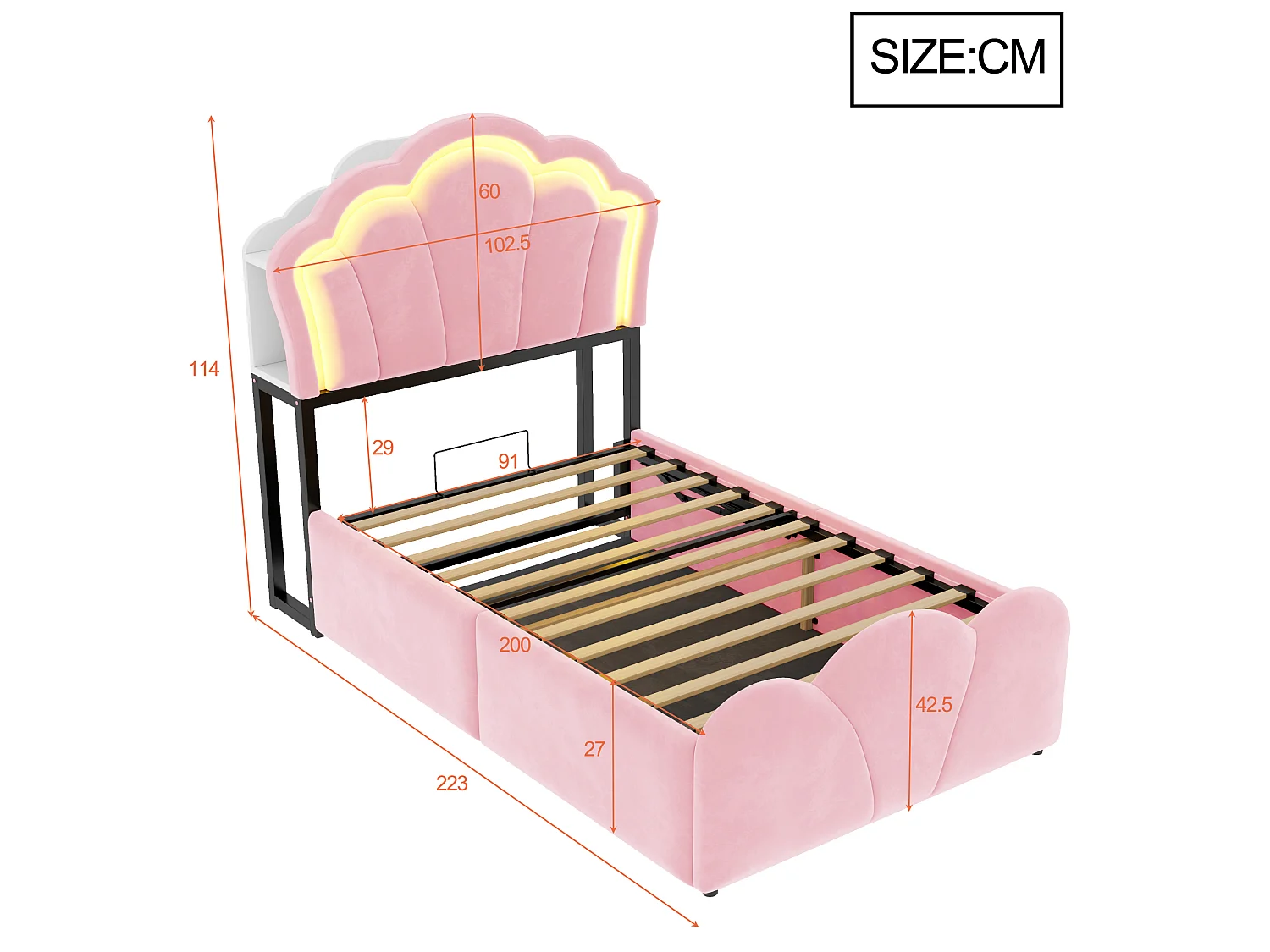 Lit coffre capitonné 90 x 200 cm - avec lumière LED - avec prise électrique intégrée - rose (matelas non inclus)