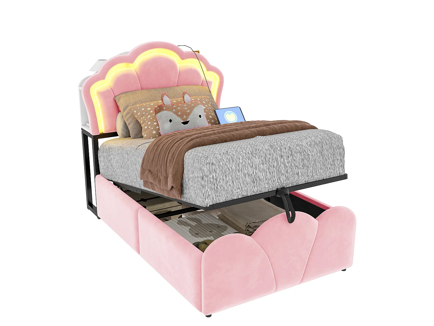 Lit coffre capitonné 90 x 200 cm - avec lumière LED - avec prise électrique intégrée - rose (matelas non inclus)