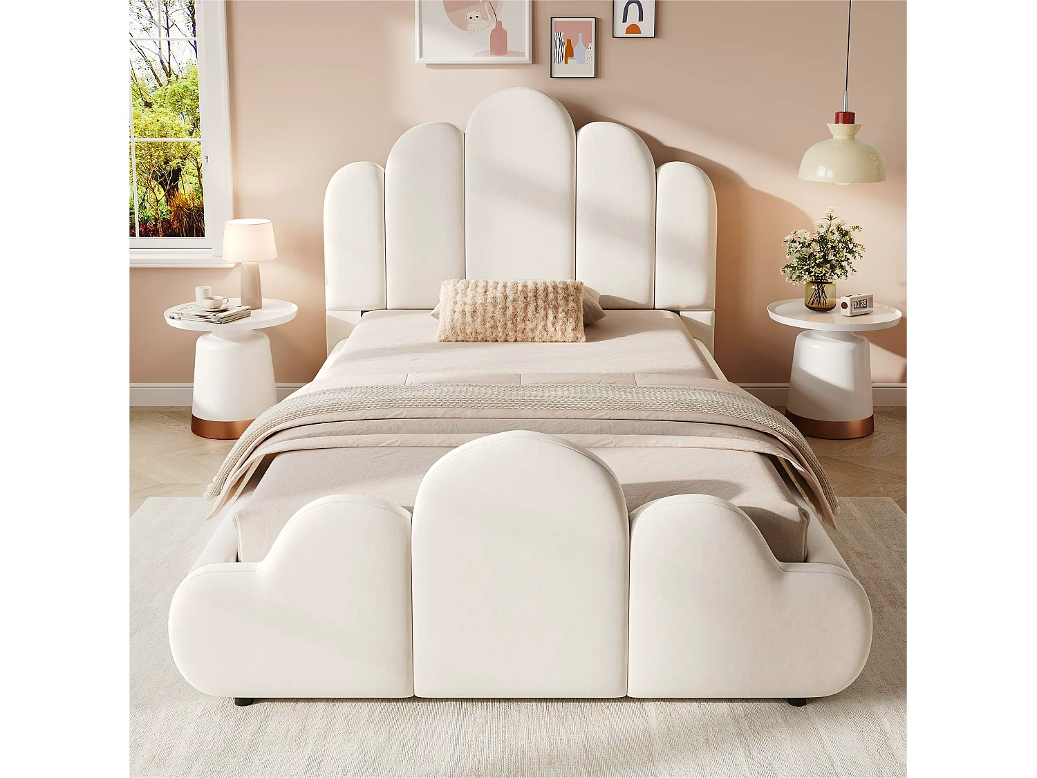 Lit enfant capitonné 90 x 200 cm - Tête de lit capitonnée - Coins arrondis - Tissu velours - Beige (Matelas non inclus)