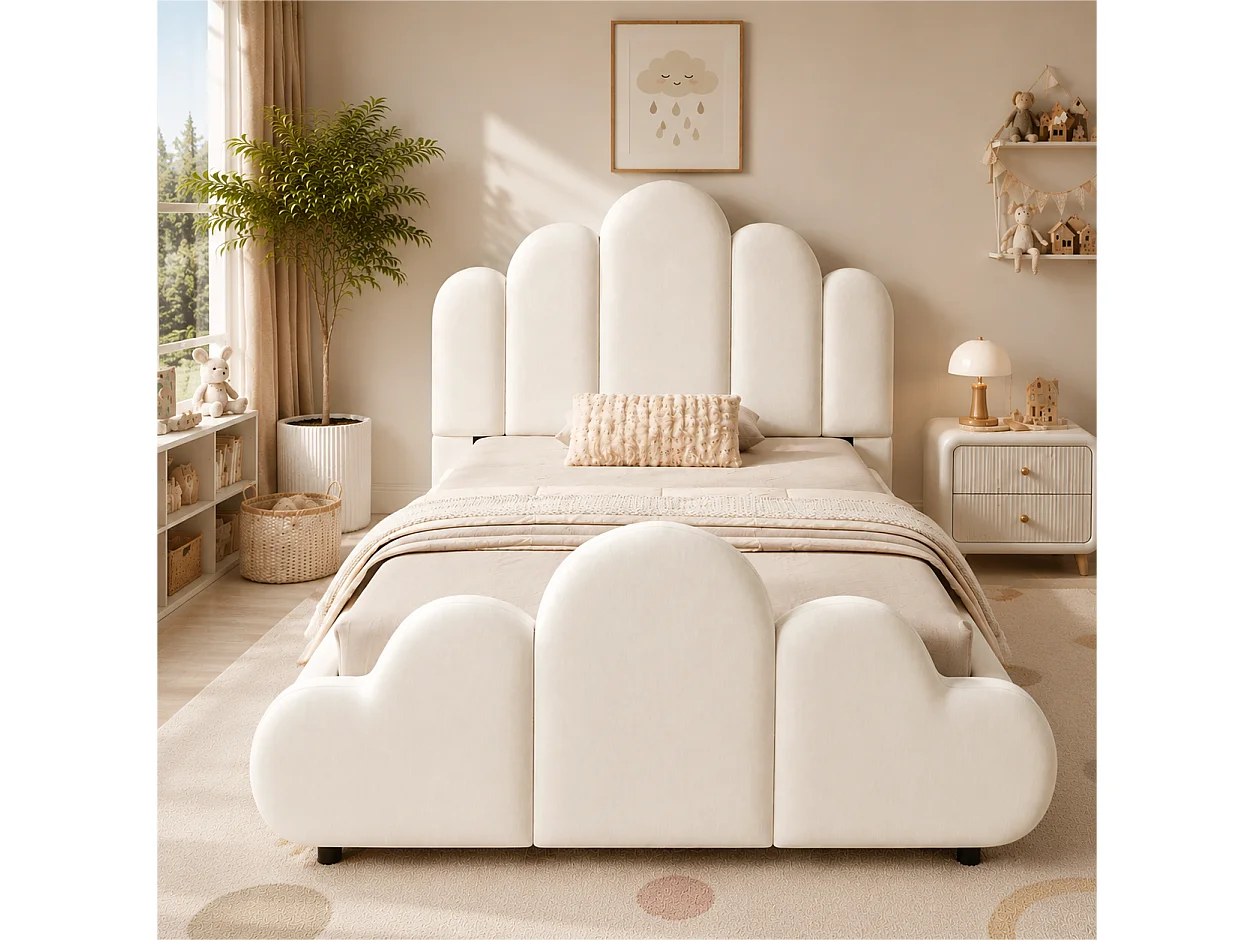 Lit enfant capitonné 90 x 200 cm - Tête de lit capitonnée - Coins arrondis - Tissu velours - Beige (Matelas non inclus)