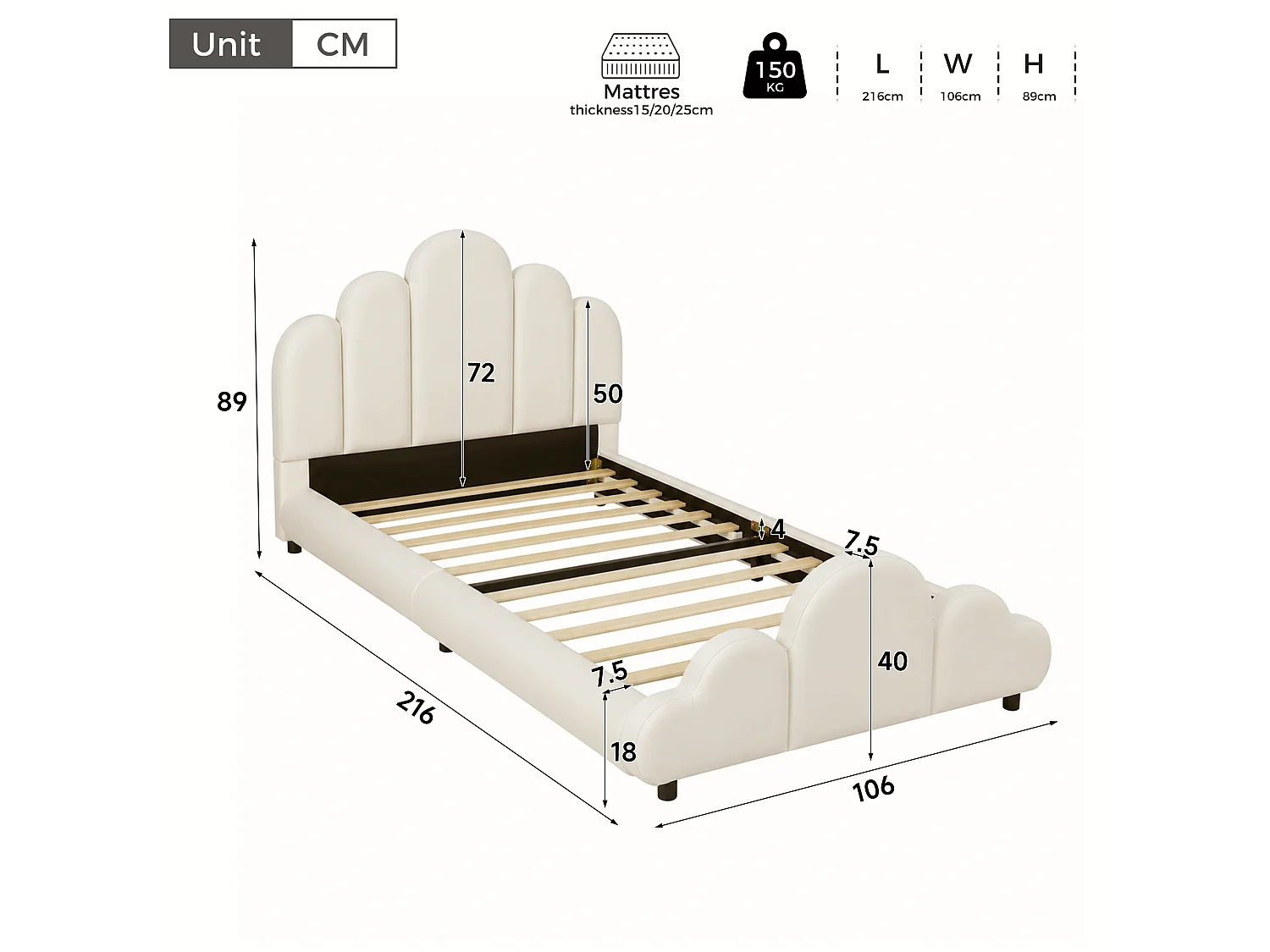 Lit enfant capitonné 90 x 200 cm - Tête de lit capitonnée - Coins arrondis - Tissu velours - Beige (Matelas non inclus)