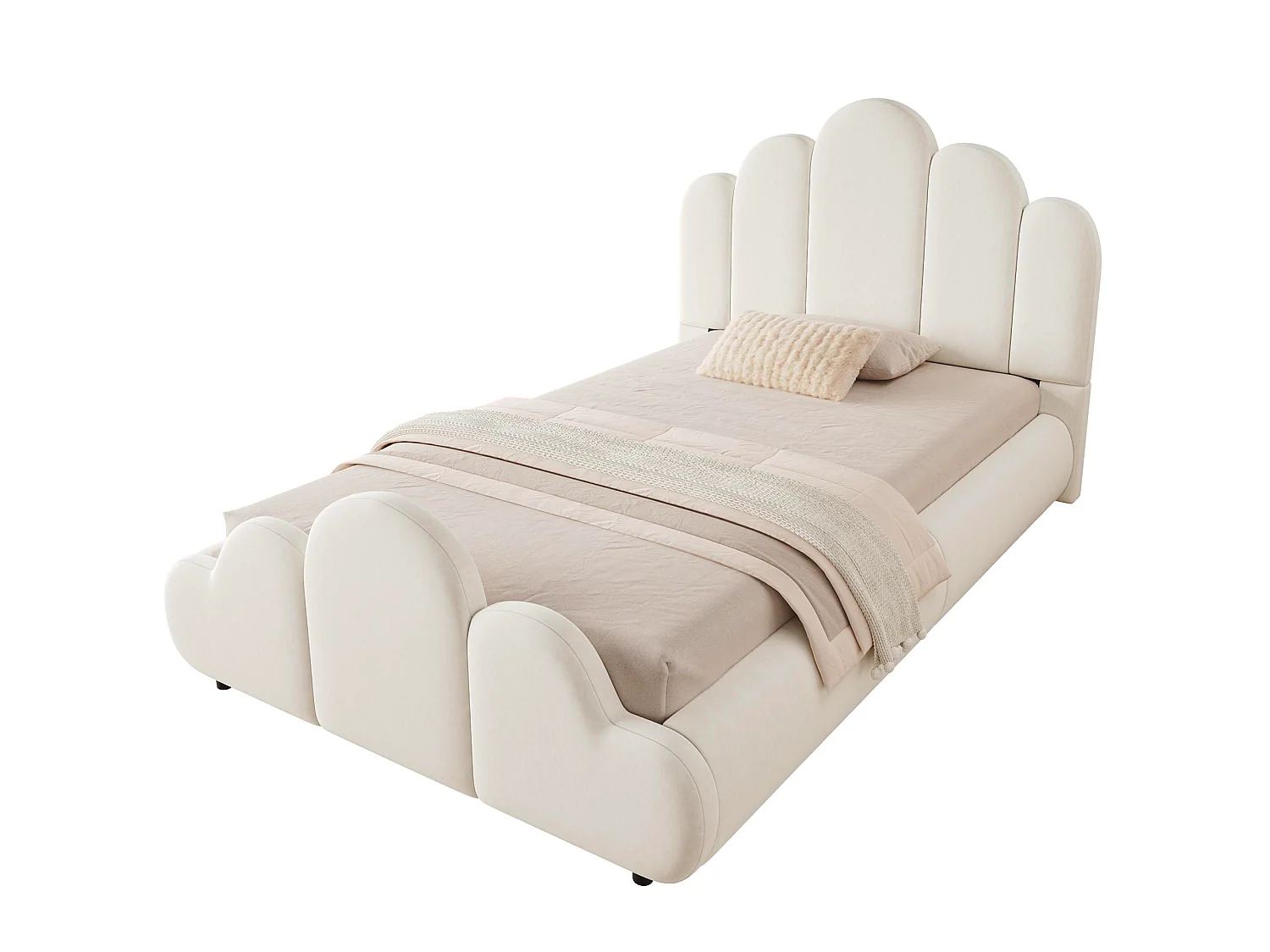 Lit enfant capitonné 90 x 200 cm - Tête de lit capitonnée - Coins arrondis - Tissu velours - Beige (Matelas non inclus)