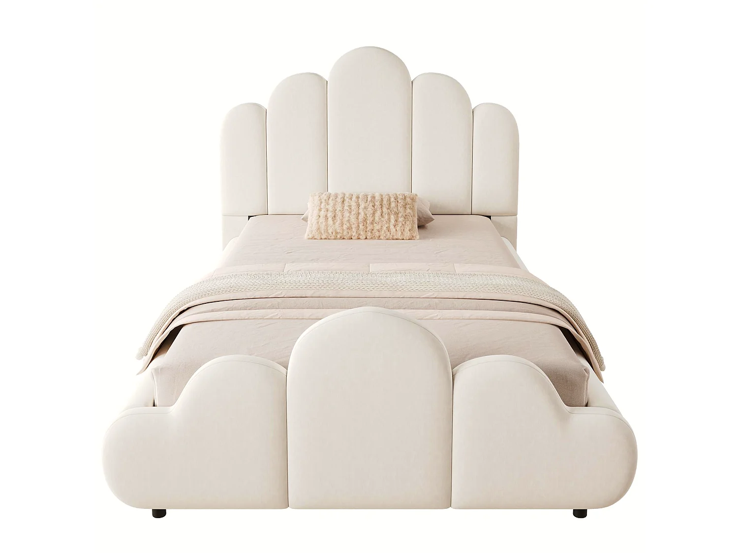 Lit enfant capitonné 90 x 200 cm - Tête de lit capitonnée - Coins arrondis - Tissu velours - Beige (Matelas non inclus)