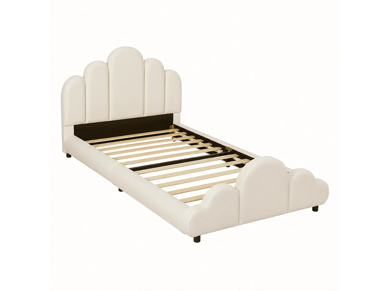 Lit enfant capitonné 90 x 200 cm - Tête de lit capitonnée - Coins arrondis - Tissu velours - Beige (Matelas non inclus)