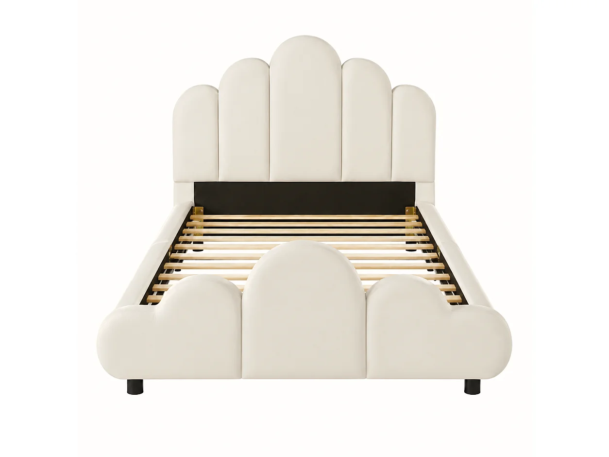 Lit enfant capitonné 90 x 200 cm - Tête de lit capitonnée - Coins arrondis - Tissu velours - Beige (Matelas non inclus)