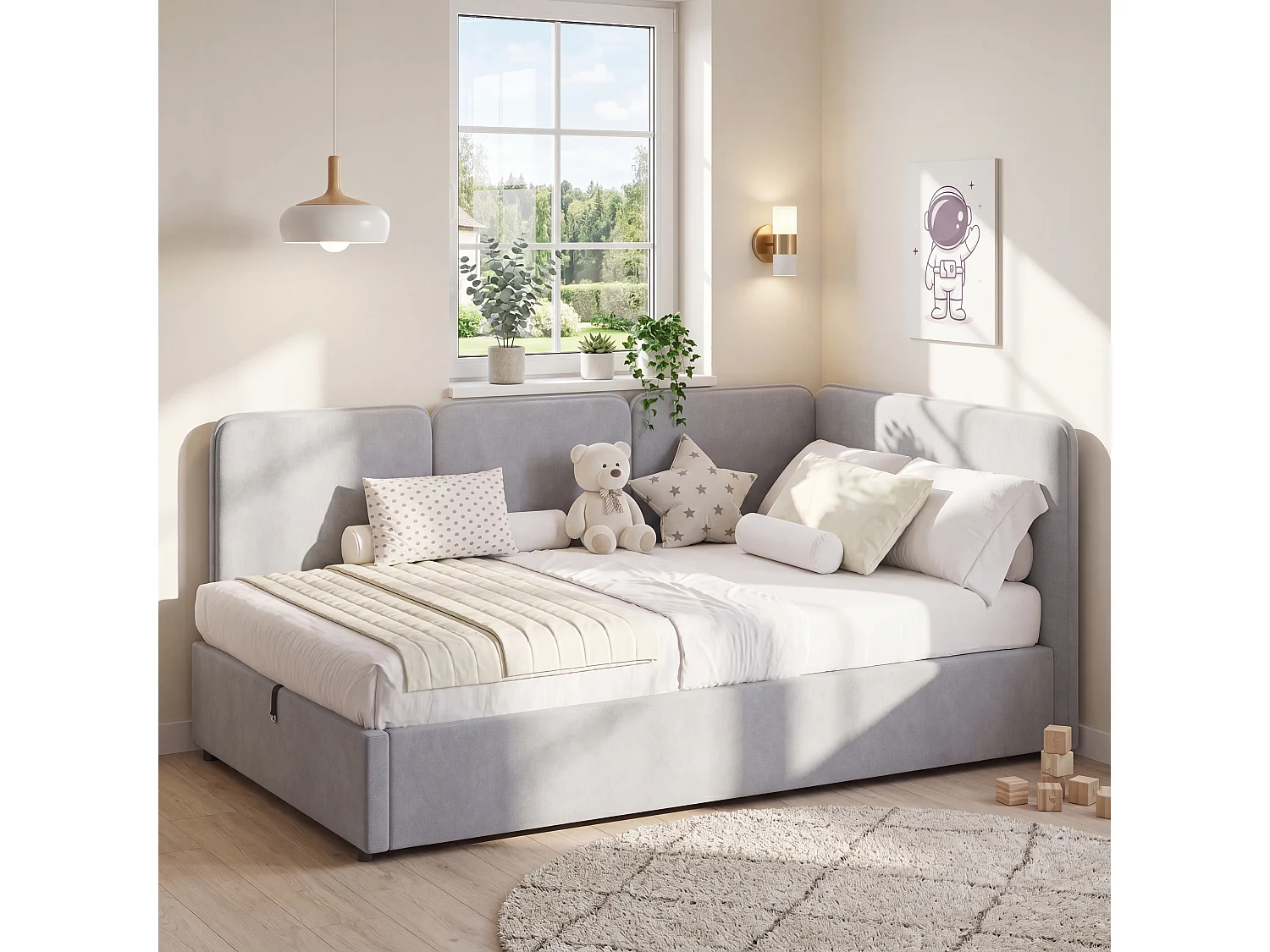 Lit coffre enfant 90 x 200 cm avec rangement hydraulique et panneaux latéraux réversibles - Velours - Gris (Sans matelas)