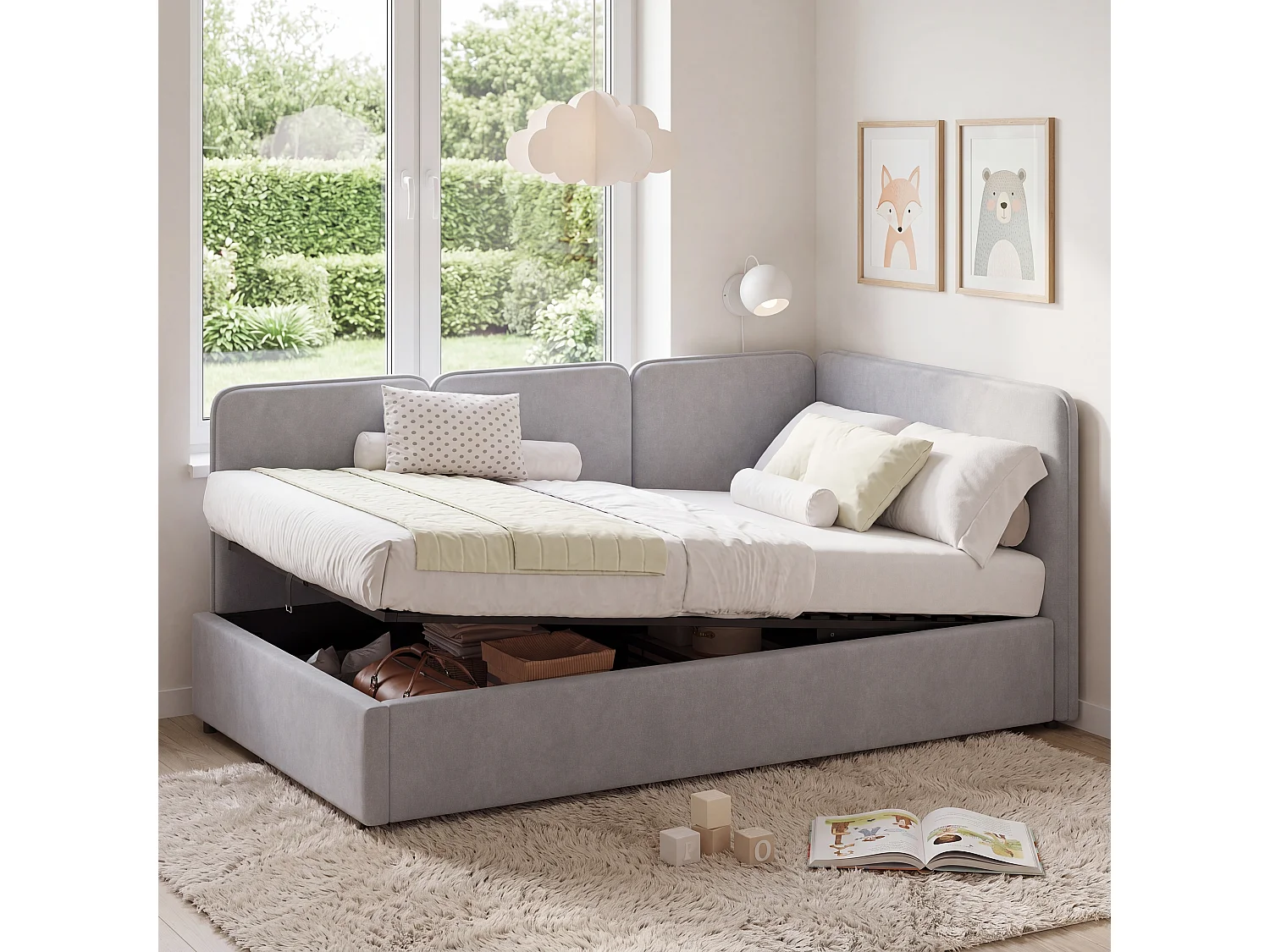 Lit coffre enfant 90 x 200 cm avec rangement hydraulique et panneaux latéraux réversibles - Velours - Gris (Sans matelas)