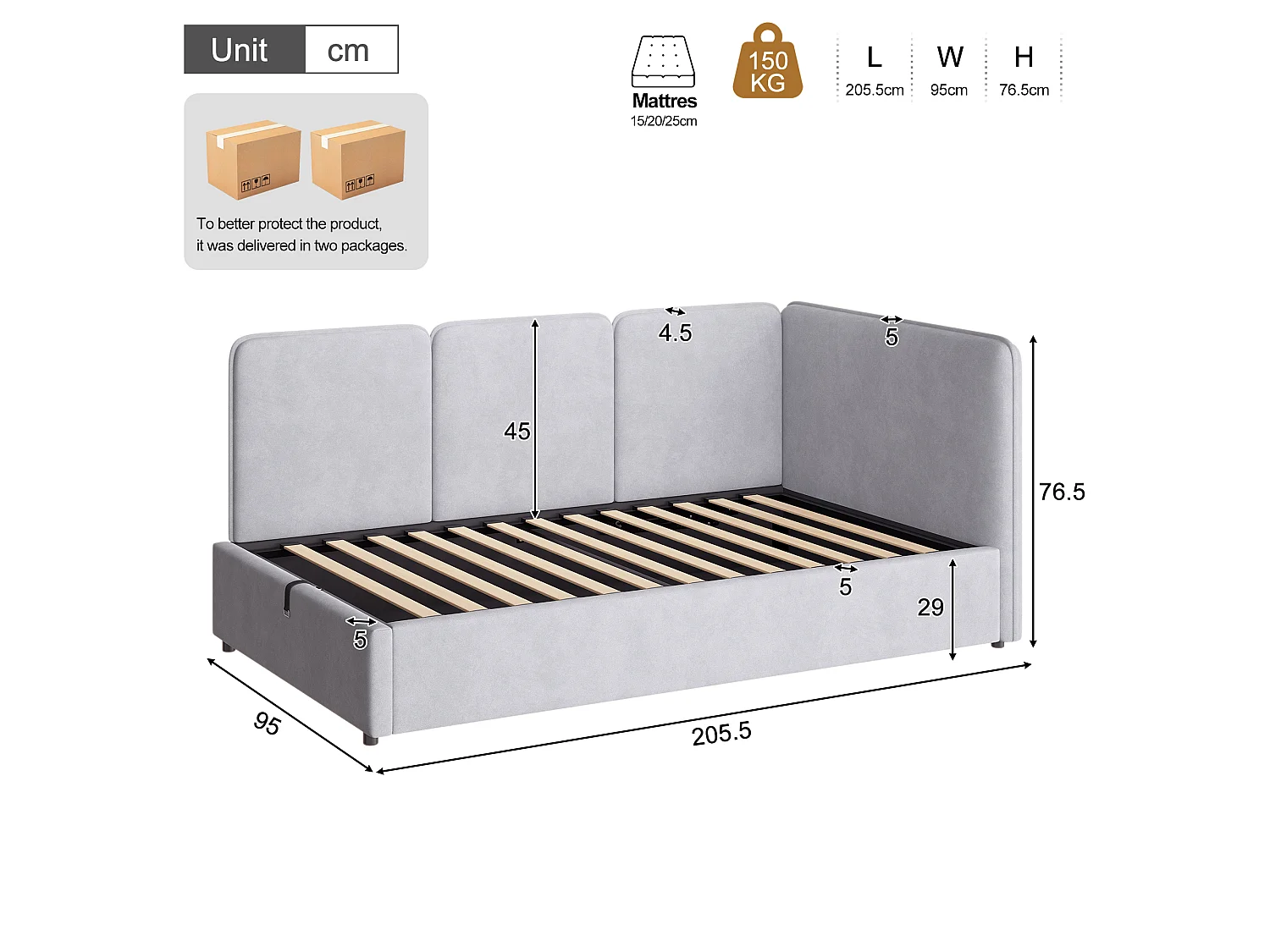 Lit coffre enfant 90 x 200 cm avec rangement hydraulique et panneaux latéraux réversibles - Velours - Gris (Sans matelas)