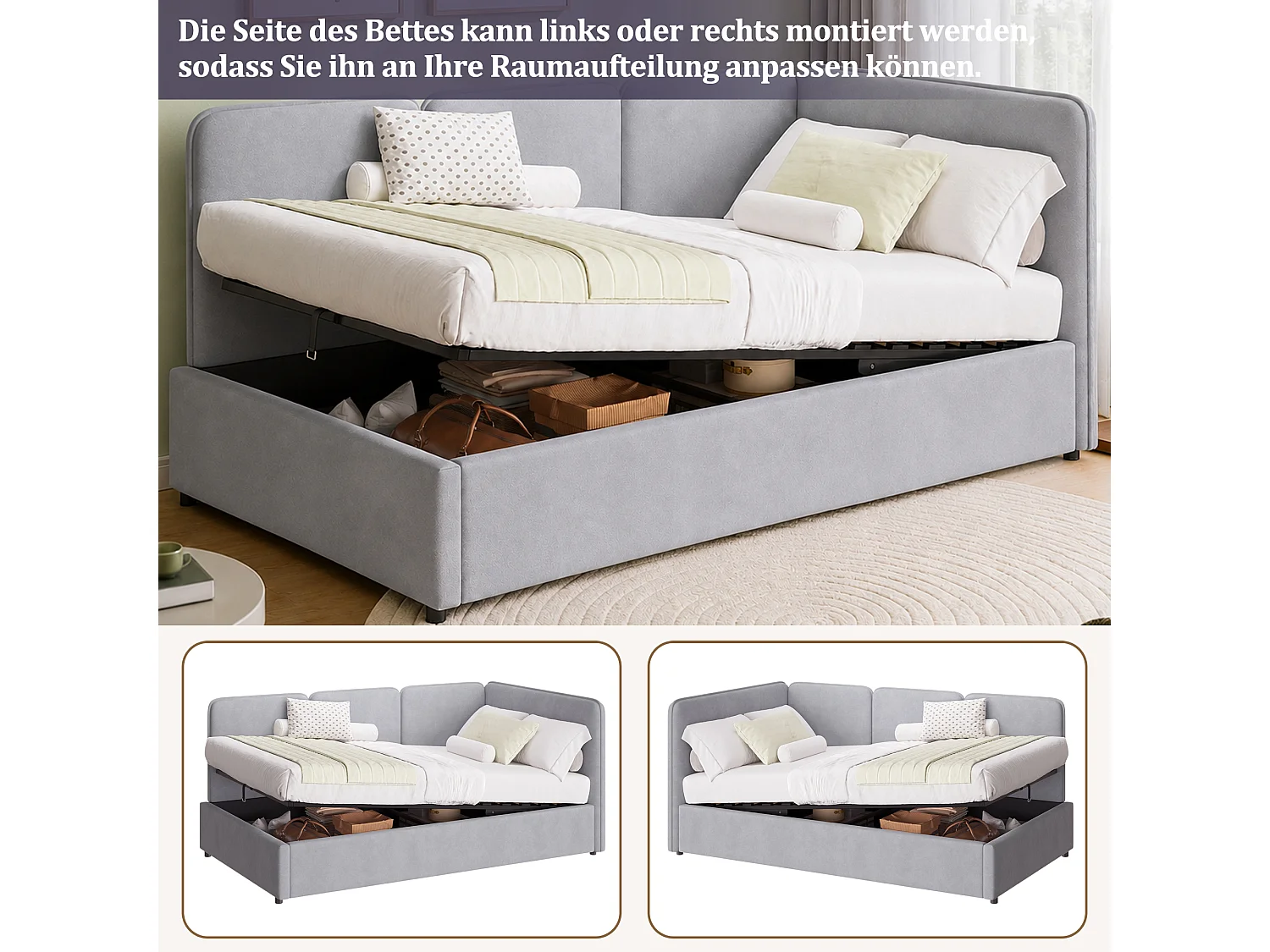 Lit coffre enfant 90 x 200 cm avec rangement hydraulique et panneaux latéraux réversibles - Velours - Gris (Sans matelas)