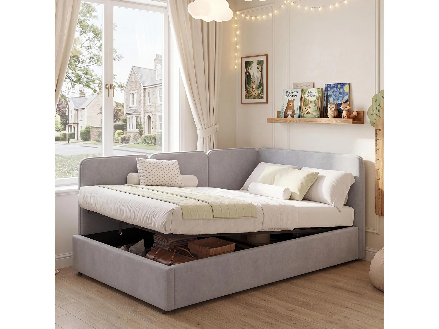 Lit coffre enfant 90 x 200 cm avec rangement hydraulique et panneaux latéraux réversibles - Velours - Gris (Sans matelas)