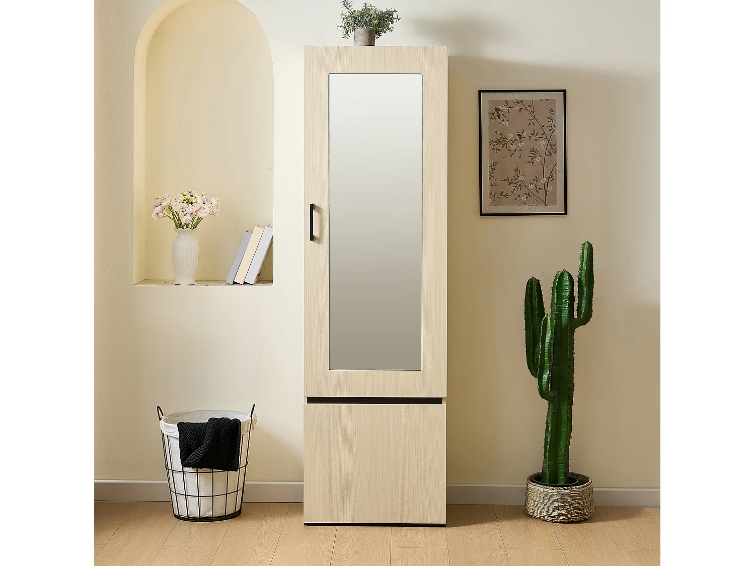 Kledingkast met spiegel over de volledige lengte, uitschuifbare kledingstang en opbergruimte – 54 x 34,5 x 179,5 cm – MDF – Natuurlijk hout
