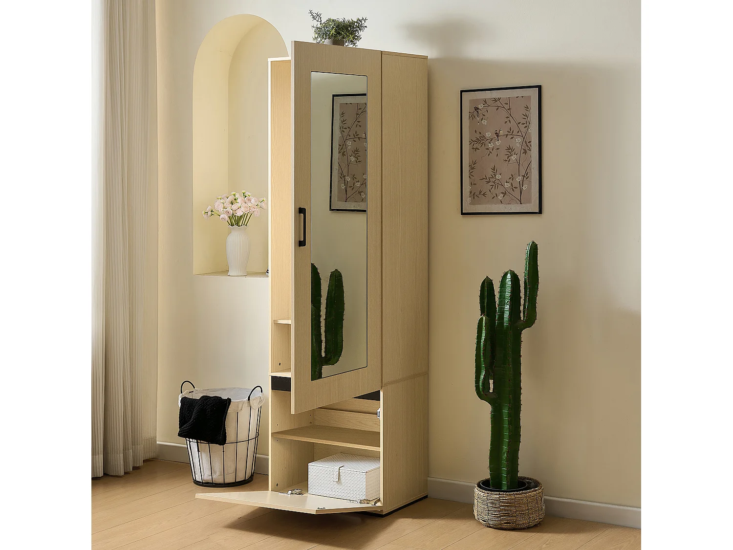 Kledingkast met spiegel over de volledige lengte, uitschuifbare kledingstang en opbergruimte – 54 x 34,5 x 179,5 cm – MDF – Natuurlijk hout