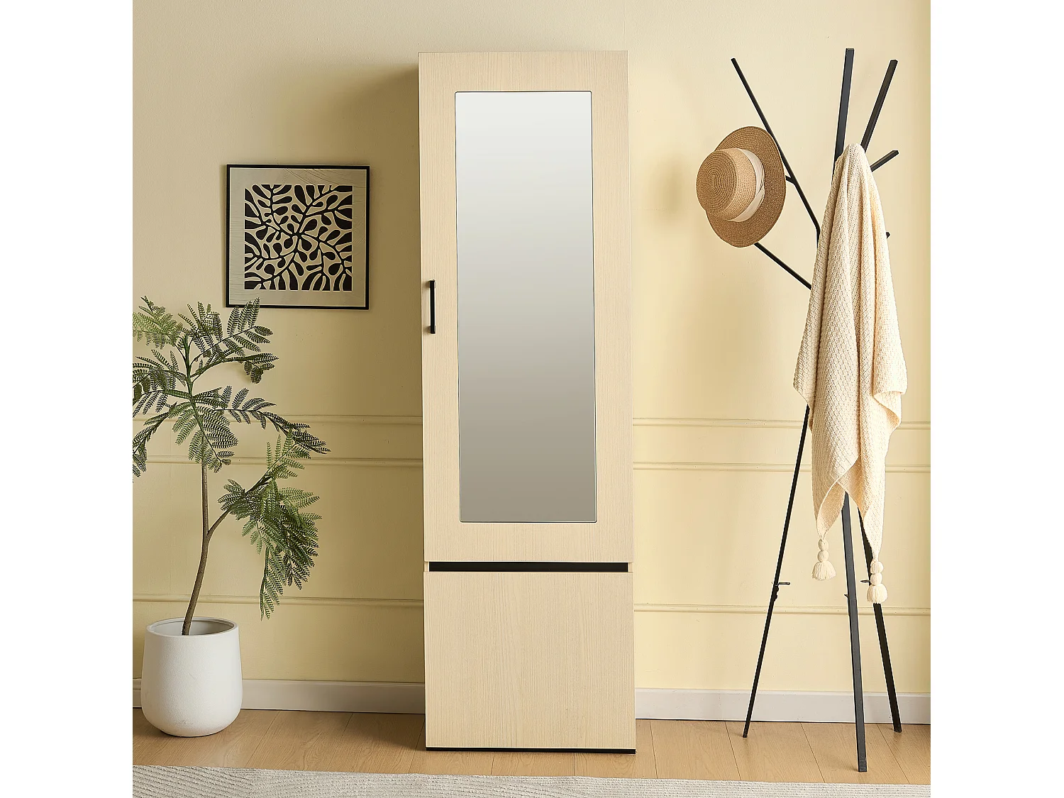 Kledingkast met spiegel over de volledige lengte, uitschuifbare kledingstang en opbergruimte – 54 x 34,5 x 179,5 cm – MDF – Natuurlijk hout