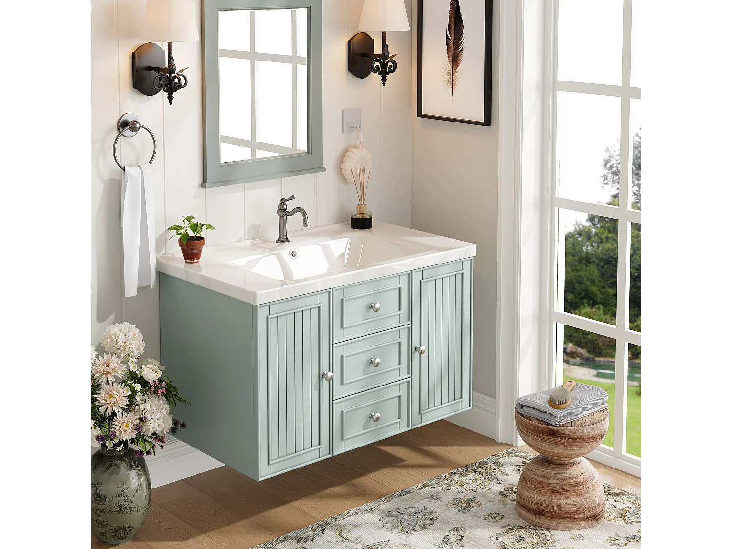 Mobile bagno con lavabo singolo, 2 ante e 3 cassetti, a parete - 78,5 x 46 x 46,8 cm - Ceramica, MDF - Verde